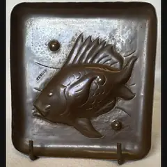 newlyn school arts and crafts copper pin tray with fish and newlyn marked