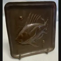 newlyn school arts and crafts copper pin tray with fish and newlyn marked