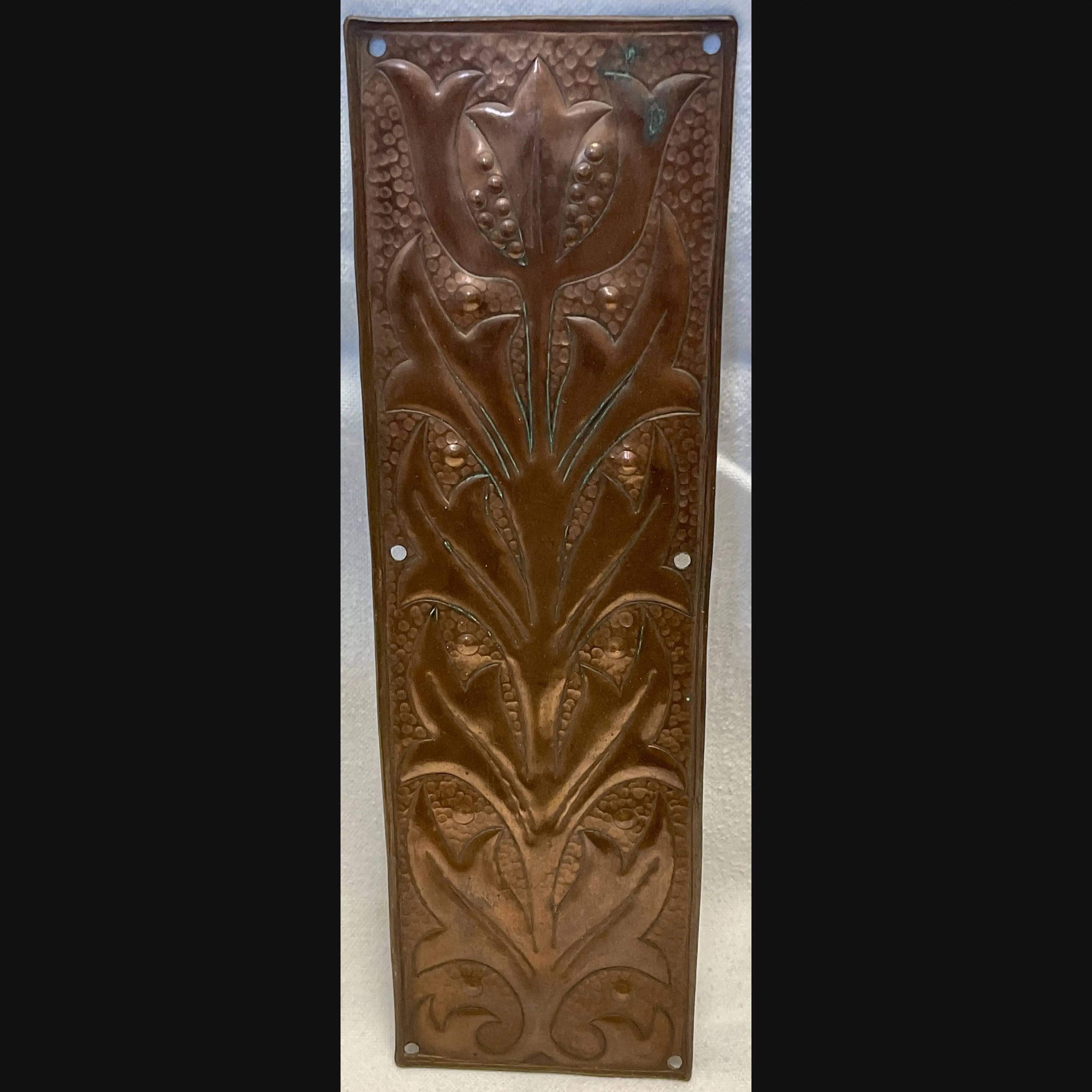 keswick school of industrial art copper arts and crafts door finger plate with stylised flower head c1900