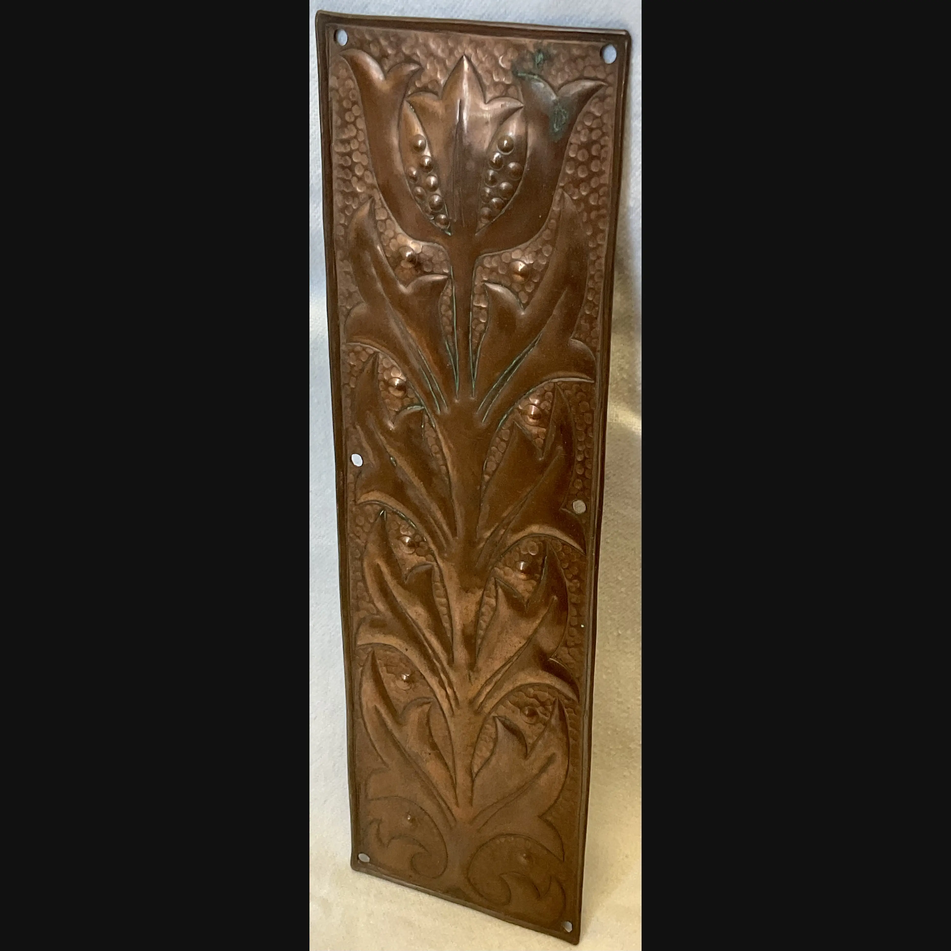 keswick school of industrial art copper arts and crafts door finger plate with stylised flower head c1900