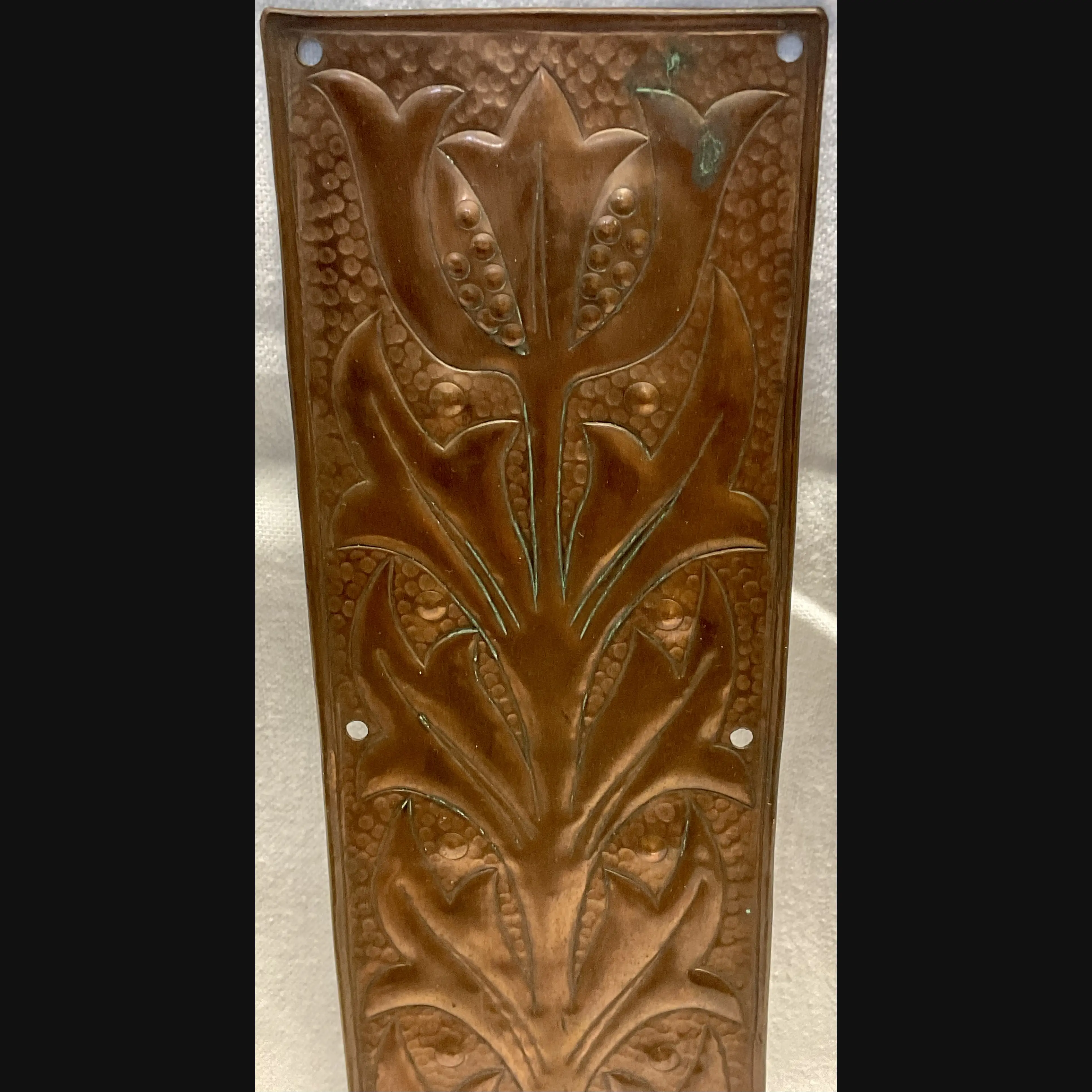 keswick school of industrial art copper arts and crafts door finger plate with stylised flower head c1900