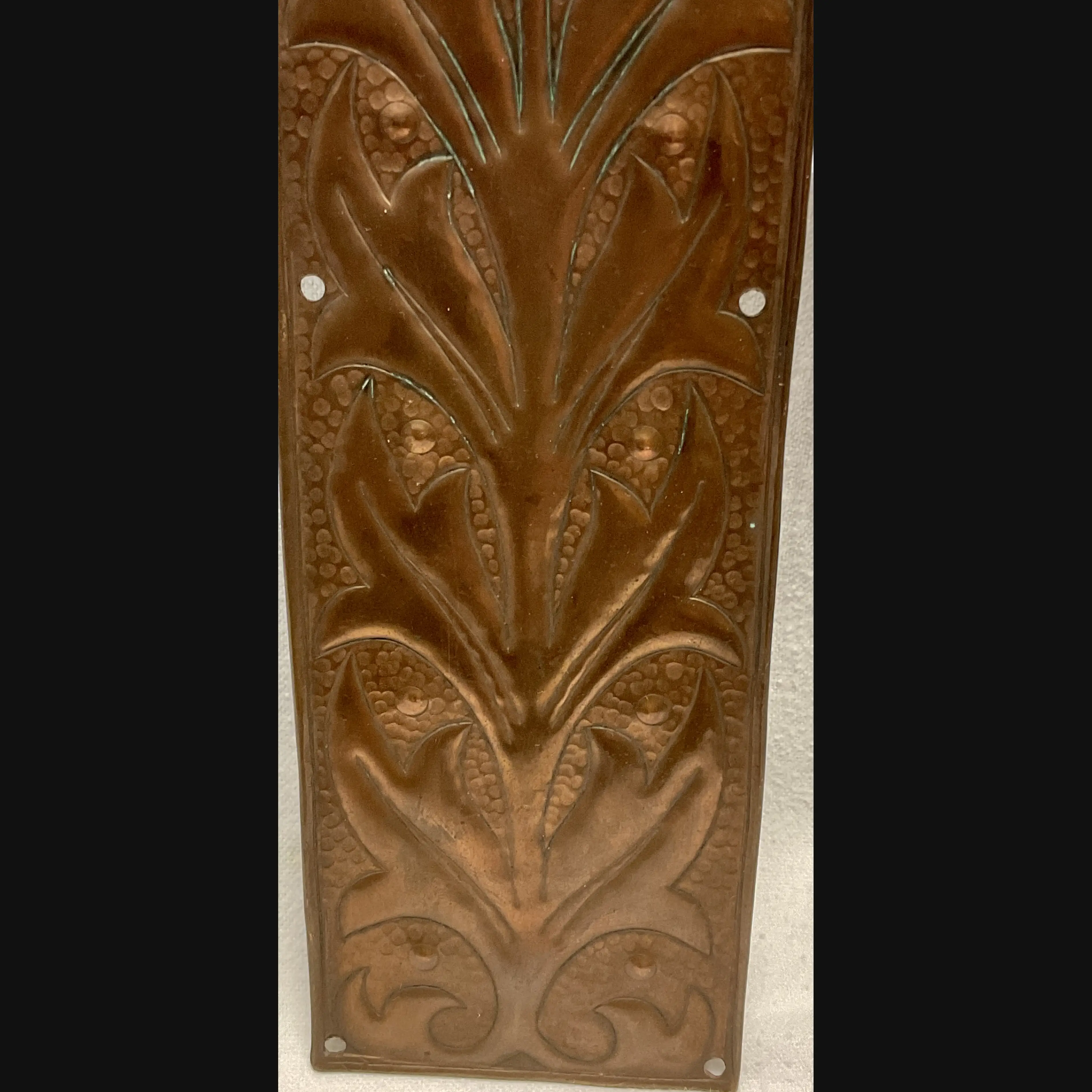 keswick school of industrial art copper arts and crafts door finger plate with stylised flower head c1900