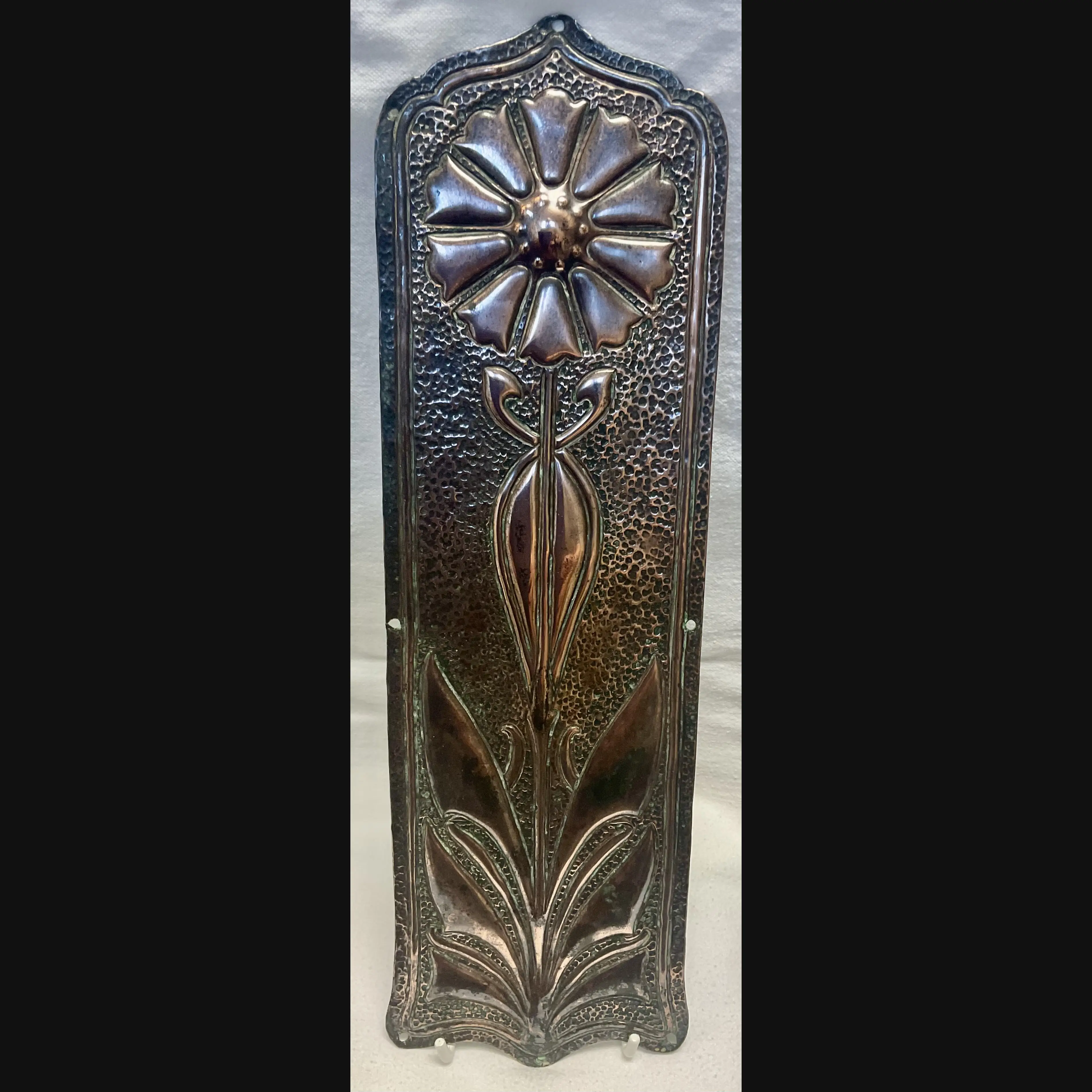 large arts and crafts coper door push finger plate with sunflower heavy gauge c1900 10