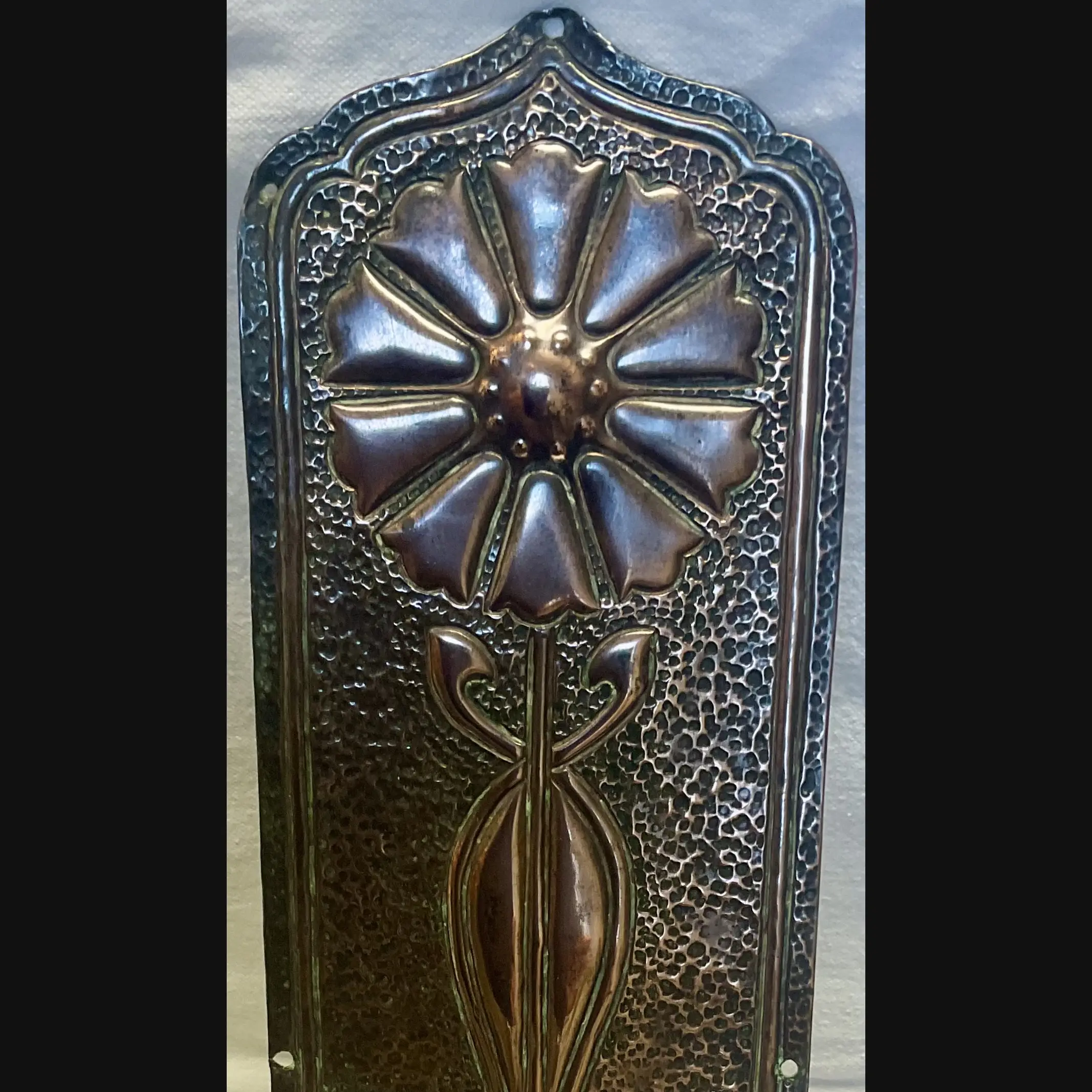 large arts and crafts coper door push finger plate with sunflower heavy gauge c1900 10