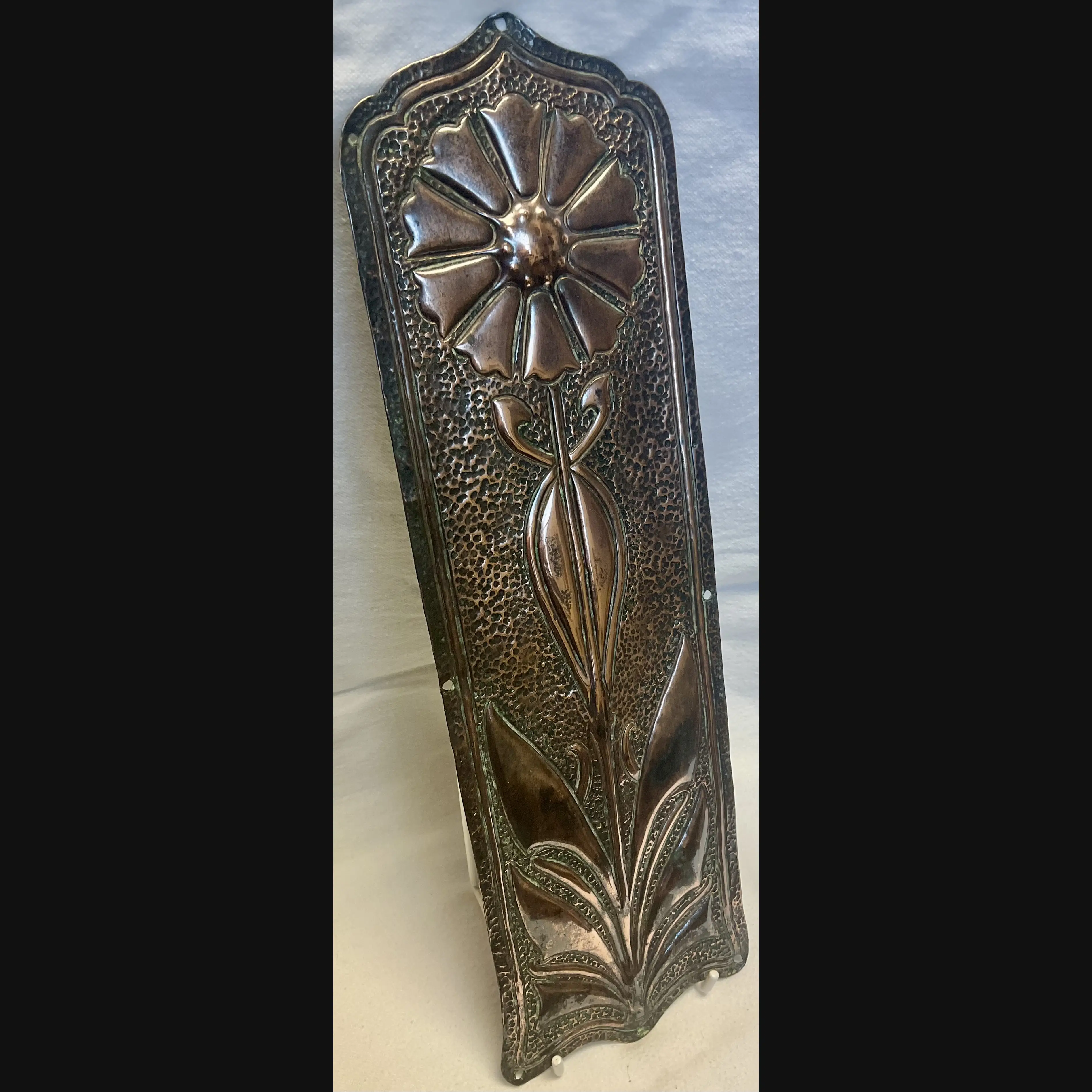 large arts and crafts coper door push finger plate with sunflower heavy gauge c1900 10
