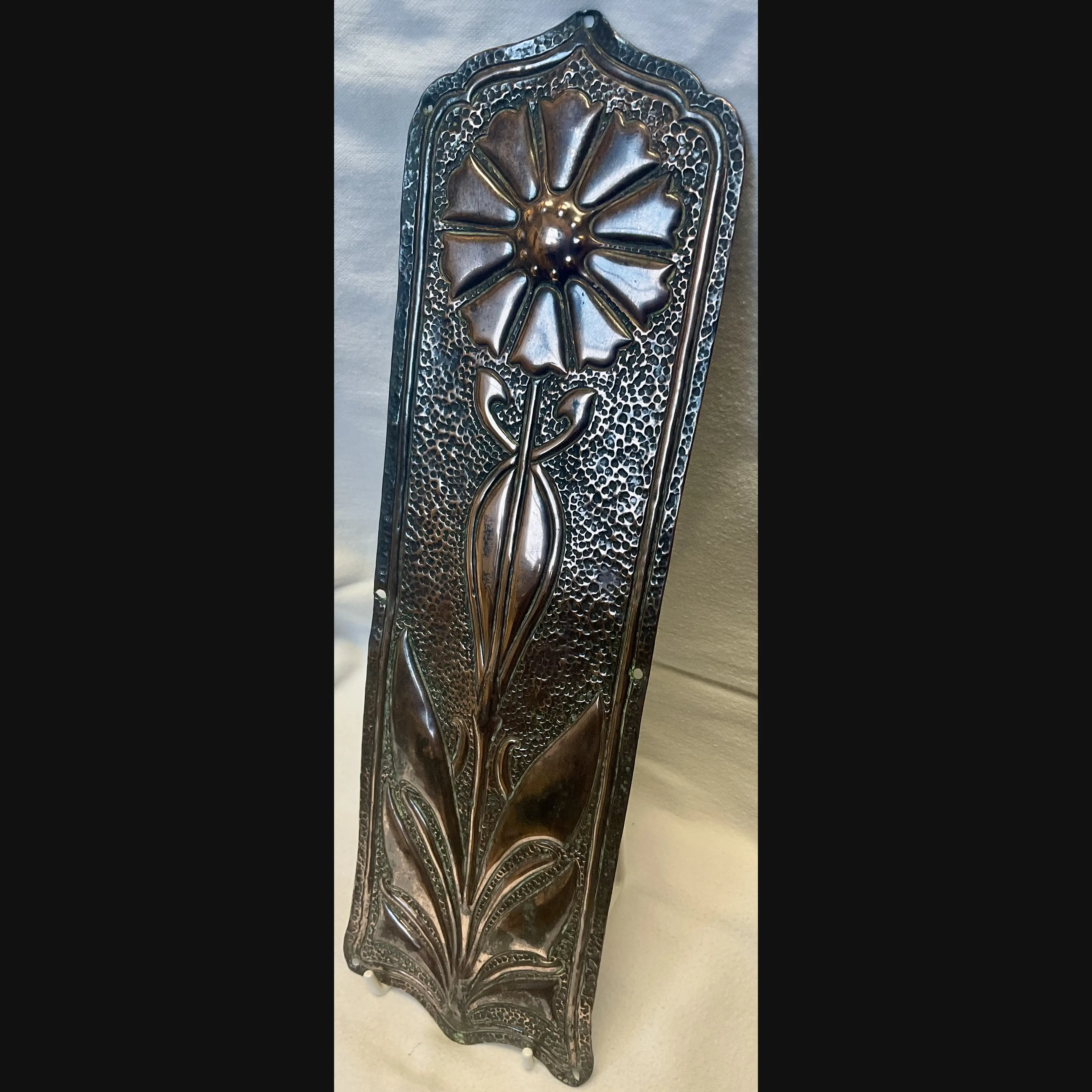 large arts and crafts coper door push finger plate with sunflower heavy gauge c1900 10