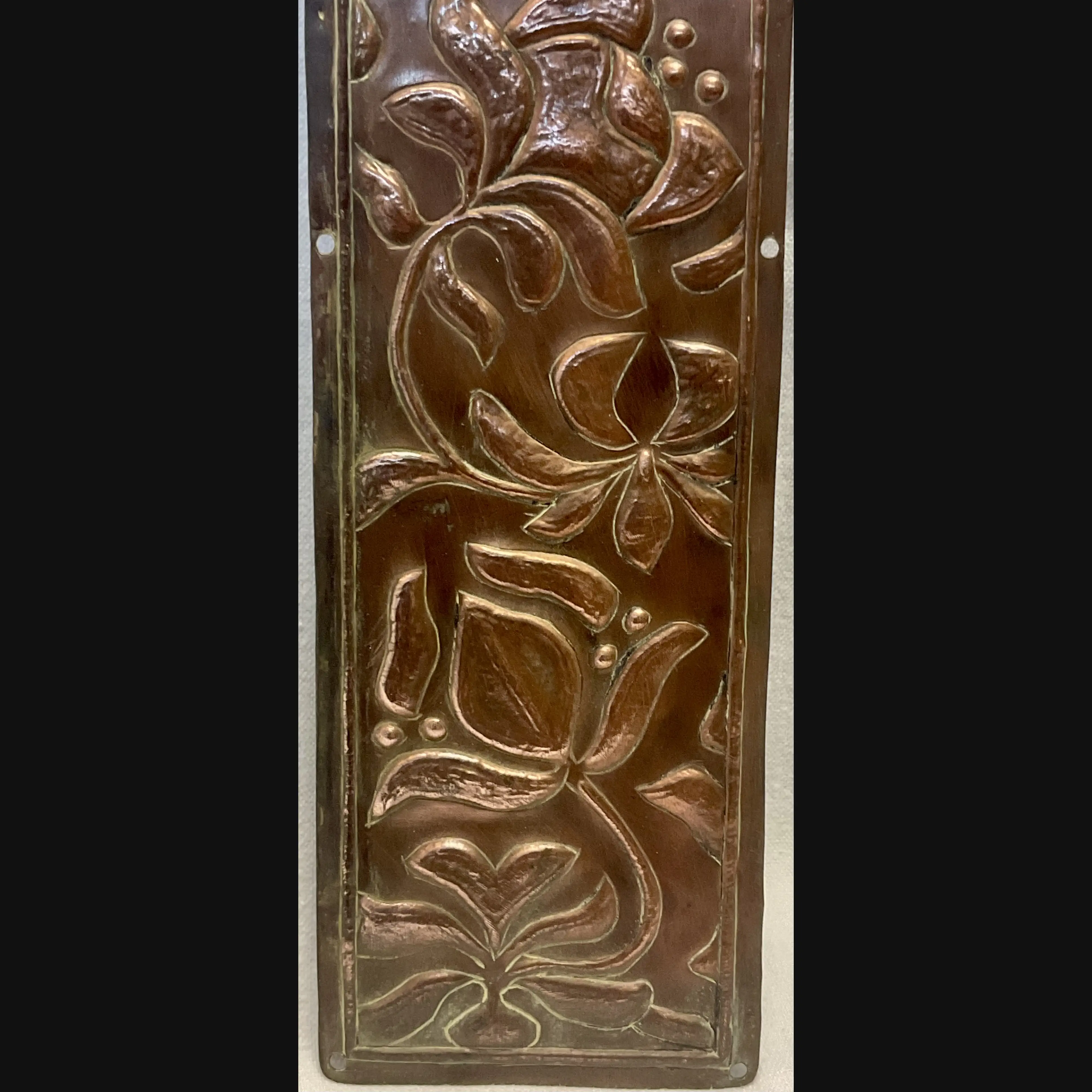 arts and crafts copper door push finger plate art nouveau flowers c1910