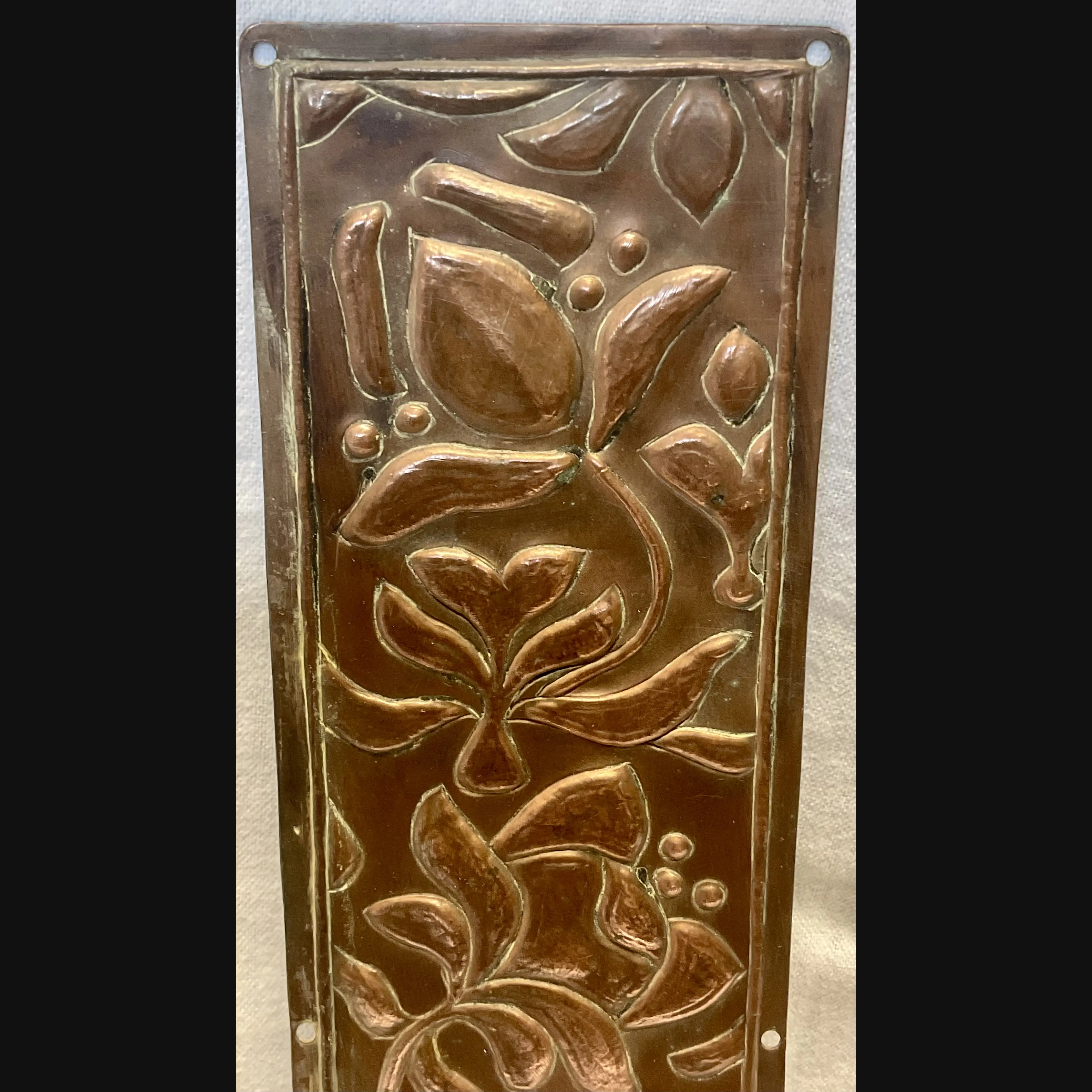 arts and crafts copper door push finger plate art nouveau flowers c1910