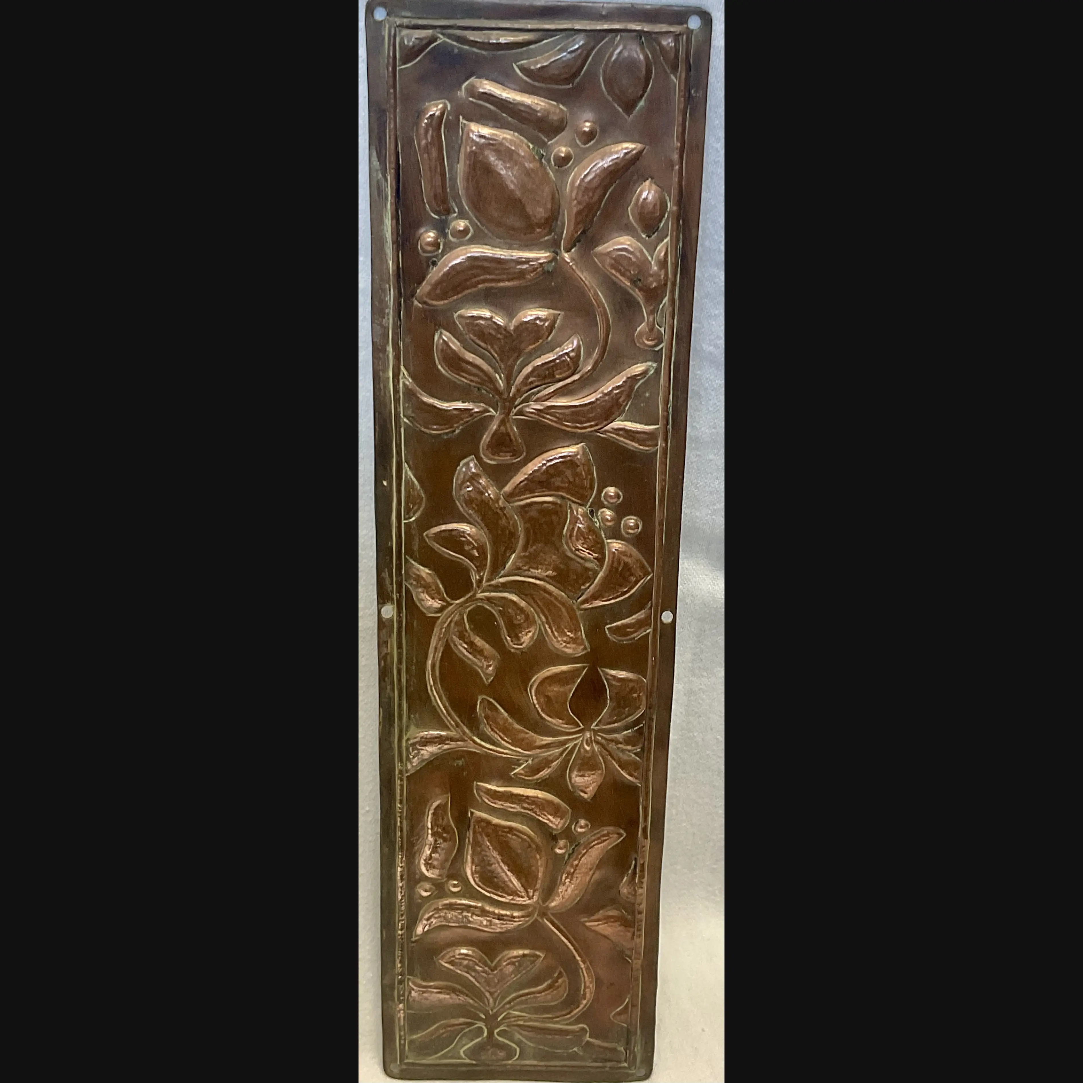 arts and crafts copper door push finger plate art nouveau flowers c1910