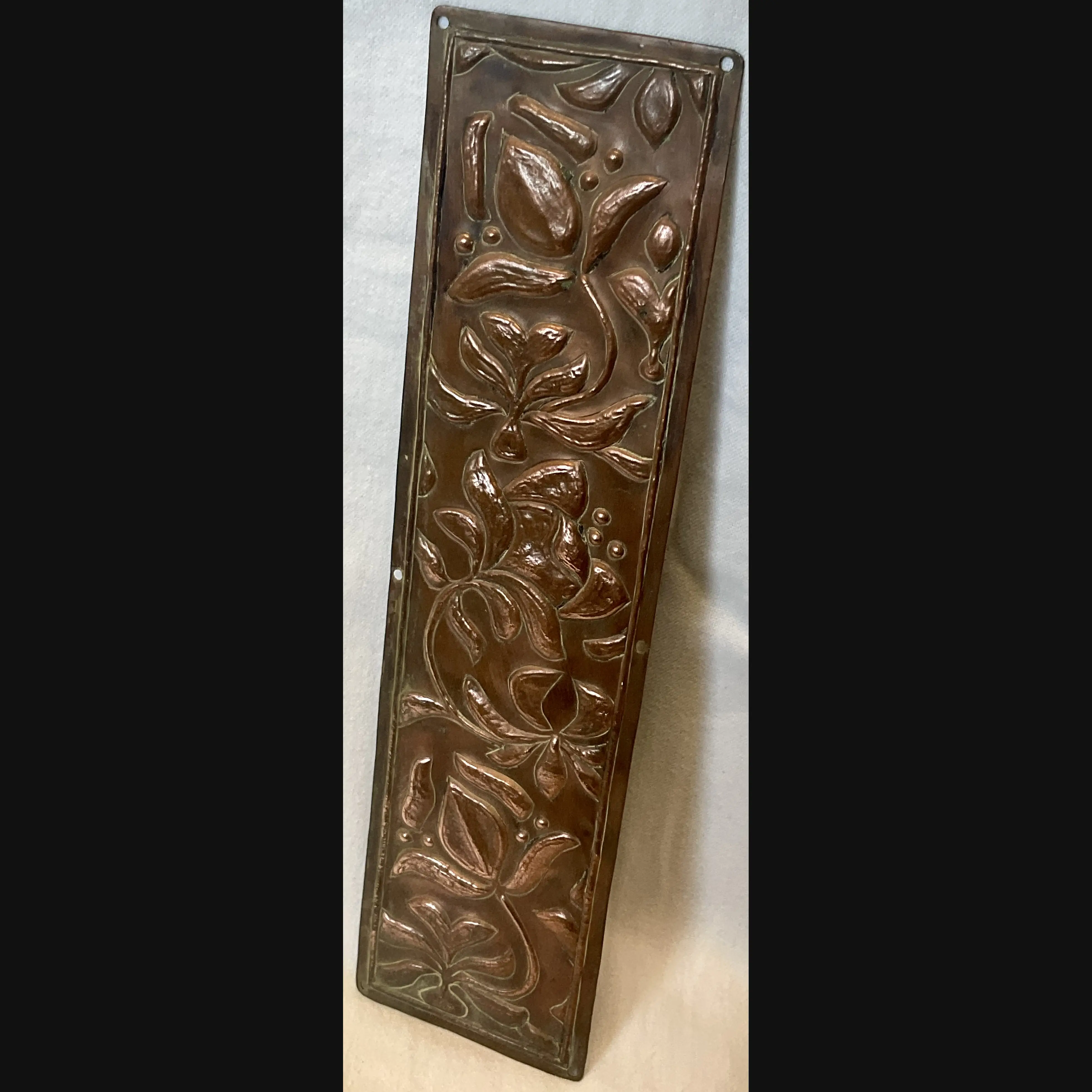 arts and crafts copper door push finger plate art nouveau flowers c1910