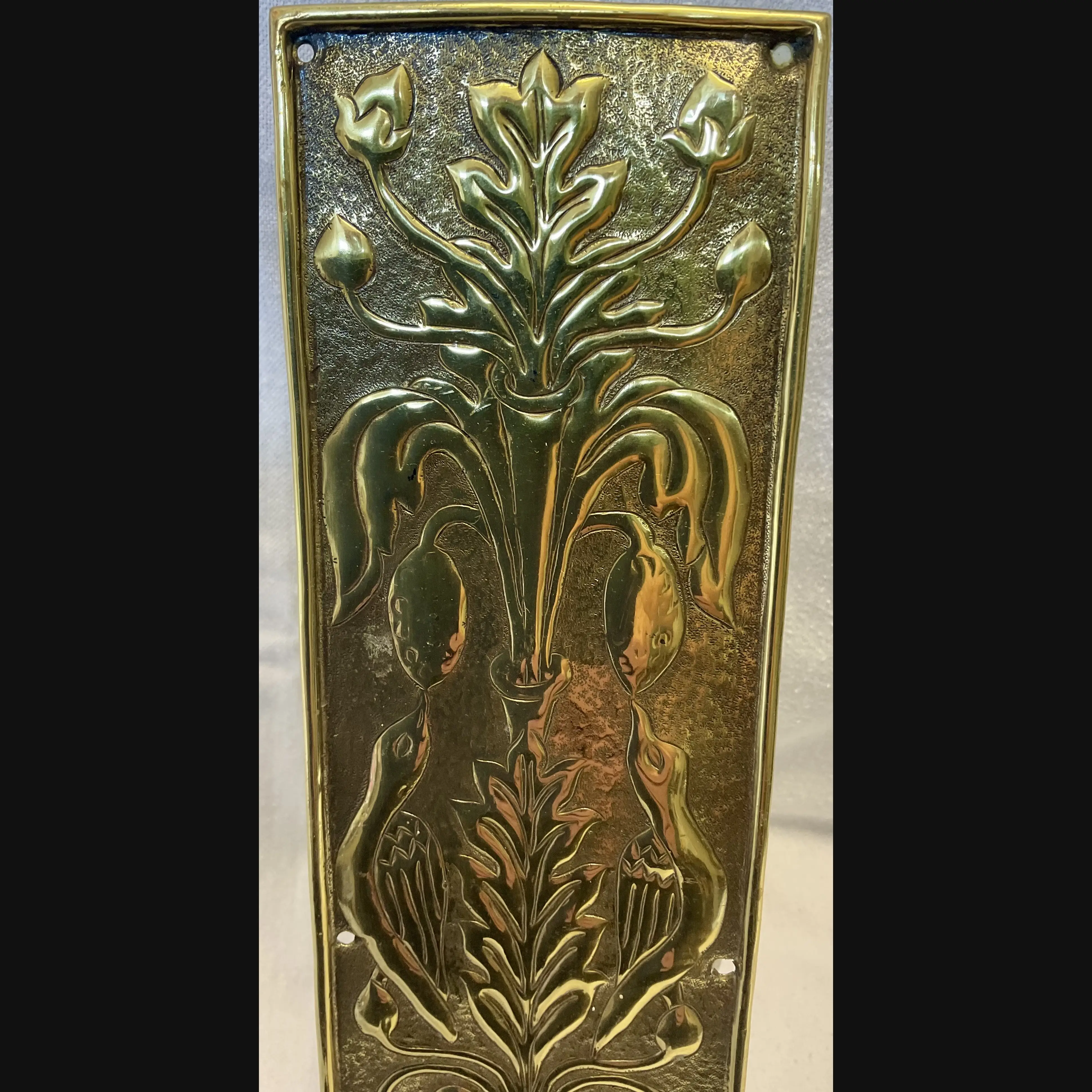 keswick school of industrial art ksia arts and crafts brass door finger plate birds and urn c1900