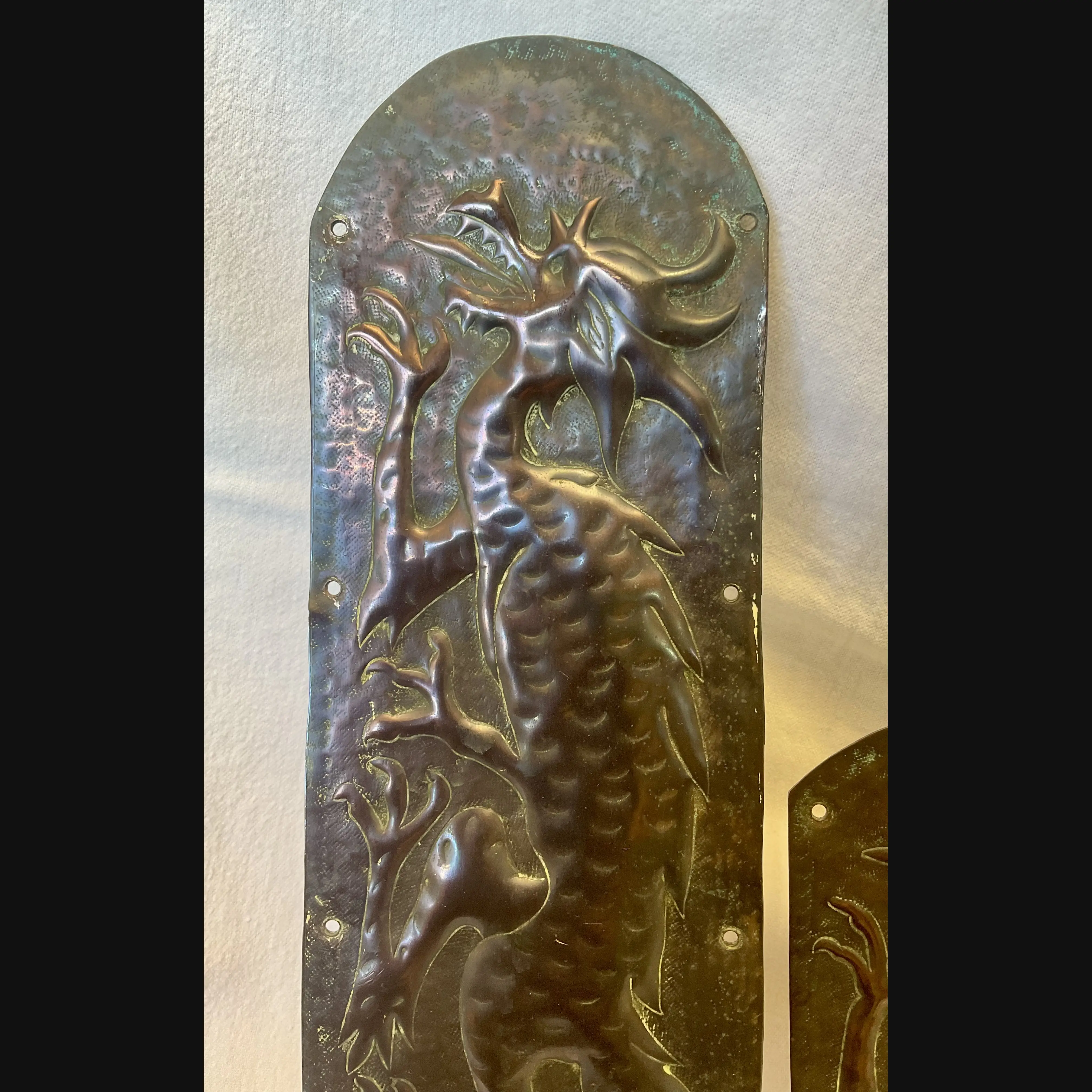 arts and crafts grotesque copper door finger plates top and bottom matching pair