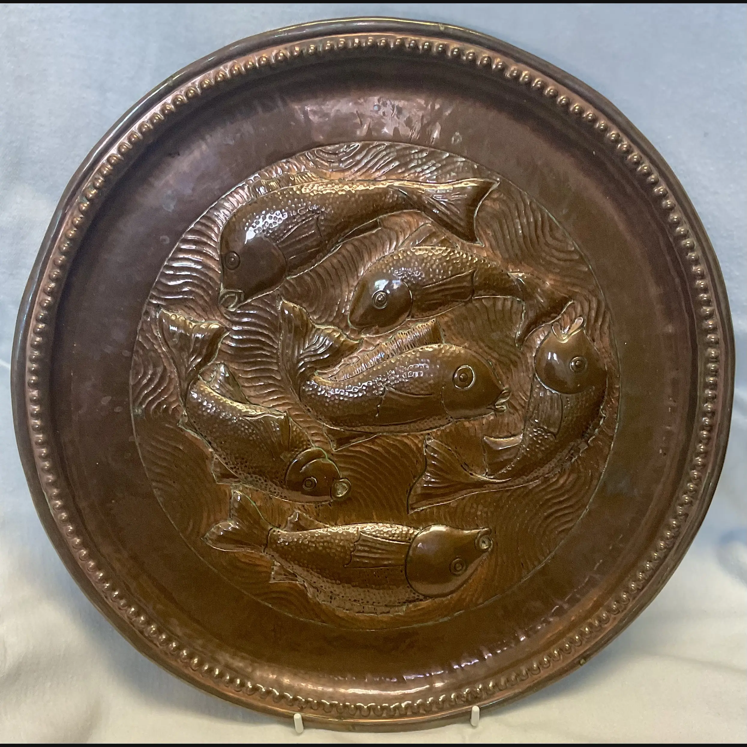 irish arts and crafts fivemiletown copper charger with circling fish williams des c1910