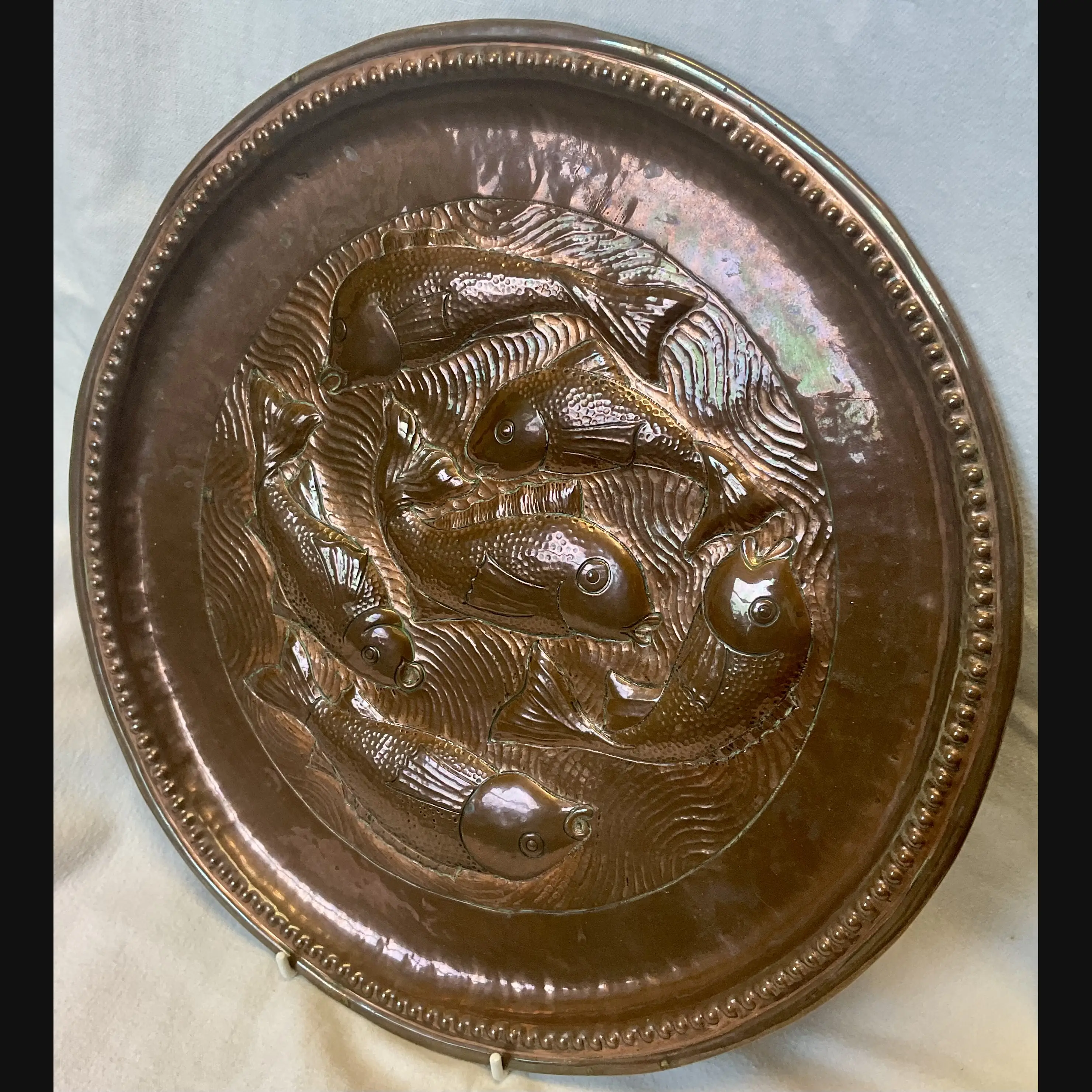 irish arts and crafts fivemiletown copper charger with circling fish williams des c1910