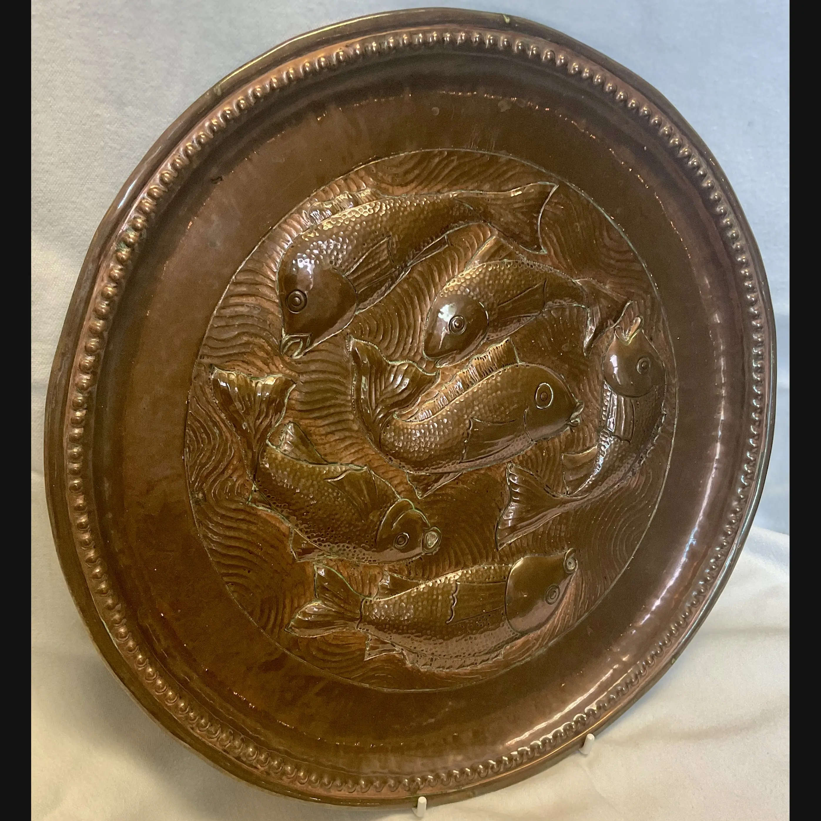 irish arts and crafts fivemiletown copper charger with circling fish williams des c1910