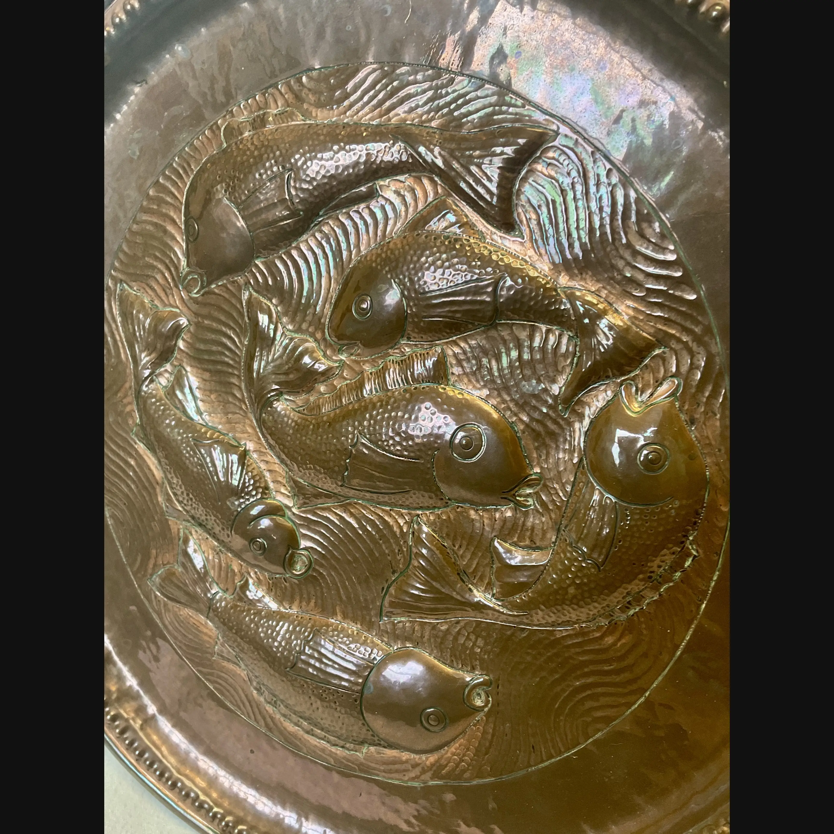 irish arts and crafts fivemiletown copper charger with circling fish williams des c1910