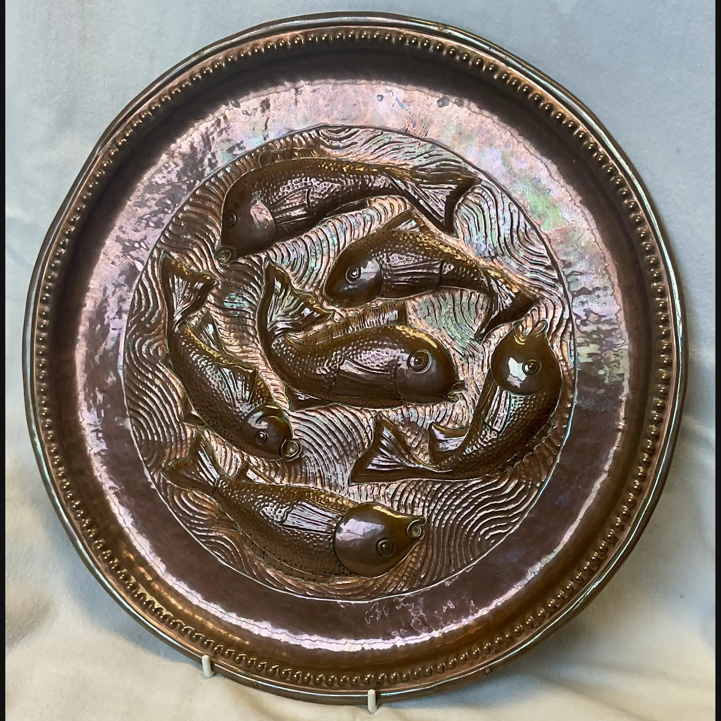irish arts and crafts fivemiletown copper charger with circling fish williams des c1910