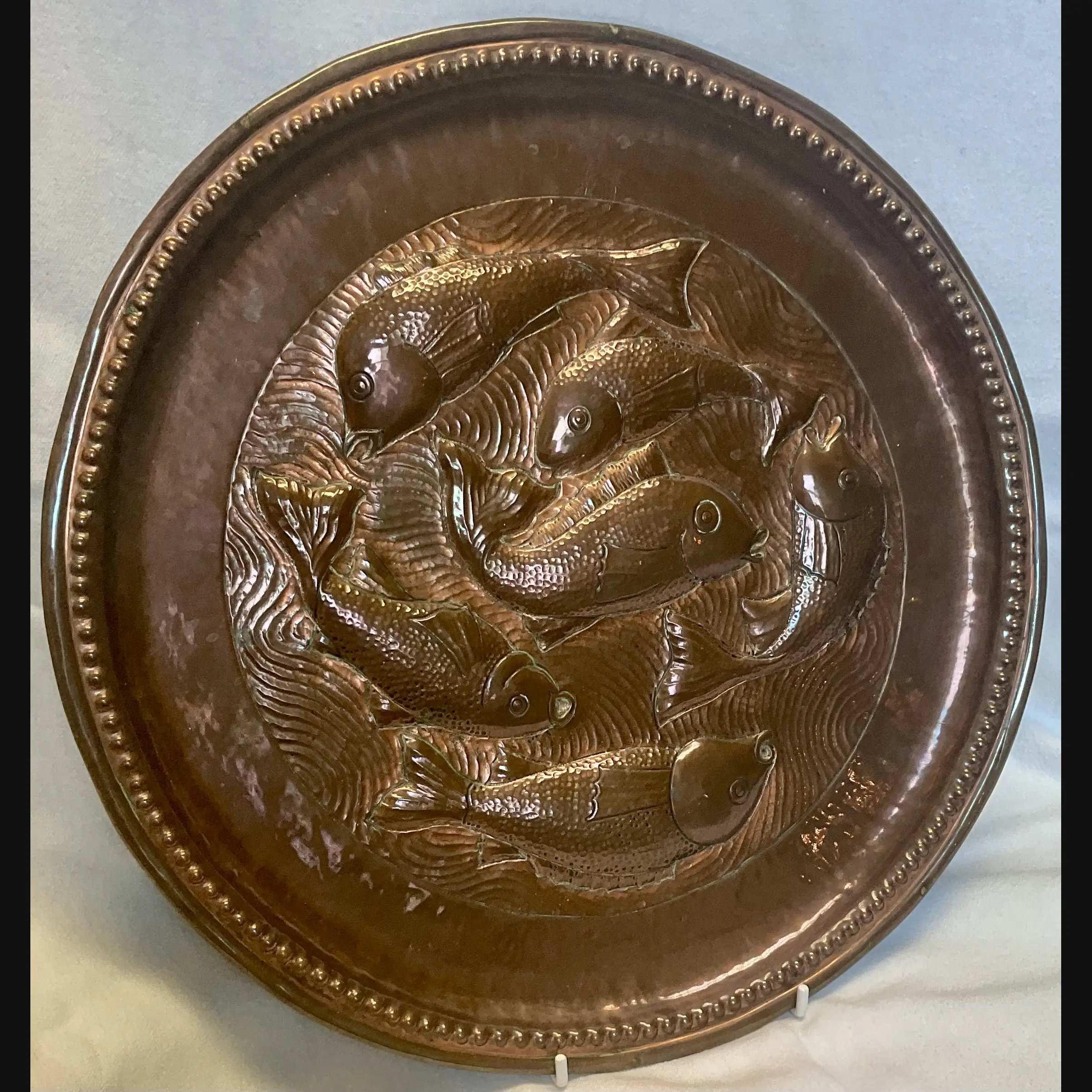 irish arts and crafts fivemiletown copper charger with circling fish williams des c1910