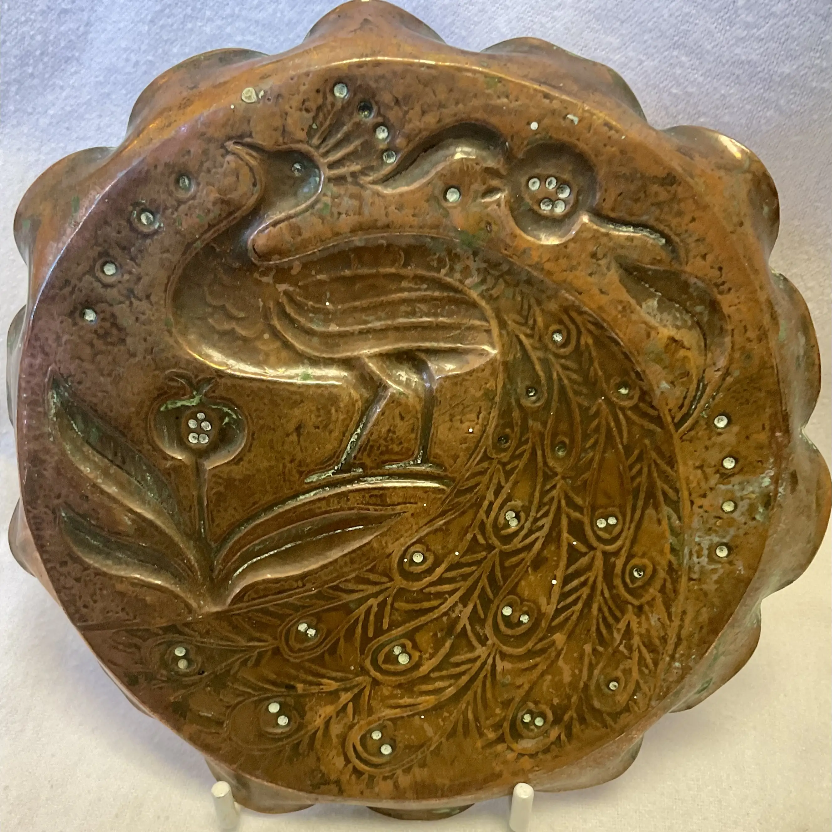 fivemiletown irish arts and crafts copper peacock card tray c1910