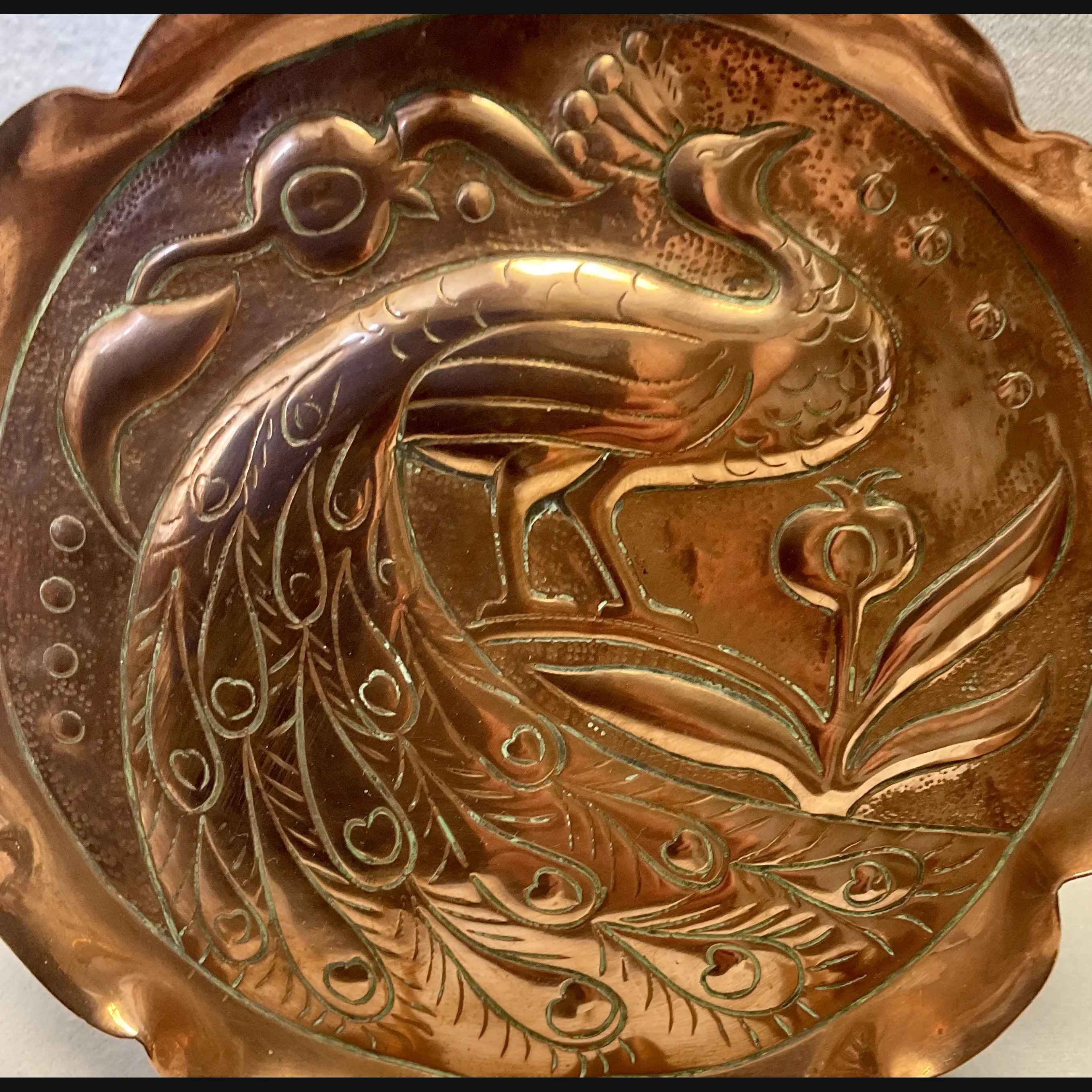 fivemiletown irish arts and crafts copper peacock card tray c1910