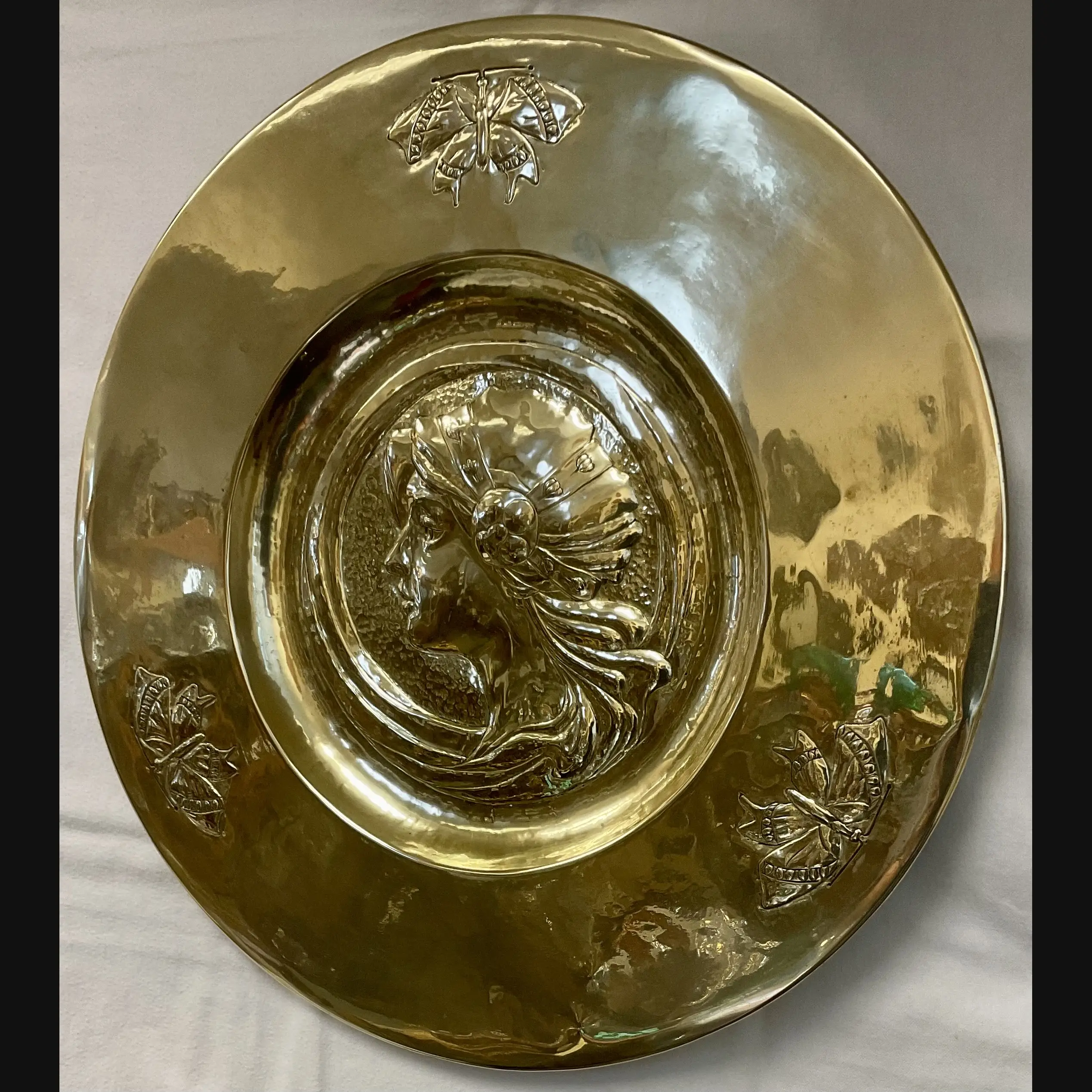 glasgow school scottish arts and crafts glasgow girls brass wall charger with young maiden and butterflies c1900