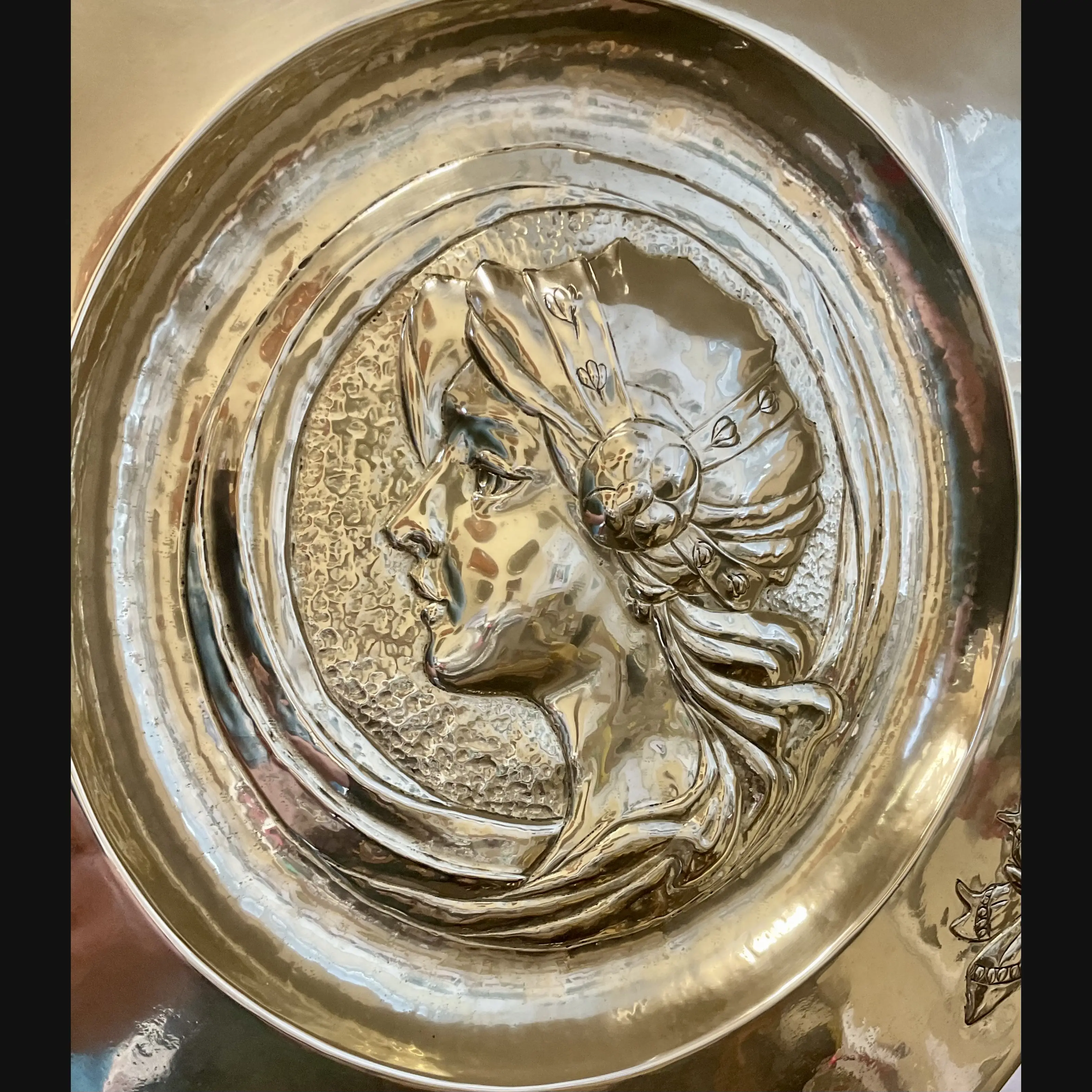glasgow school scottish arts and crafts glasgow girls brass wall charger with young maiden and butterflies c1900