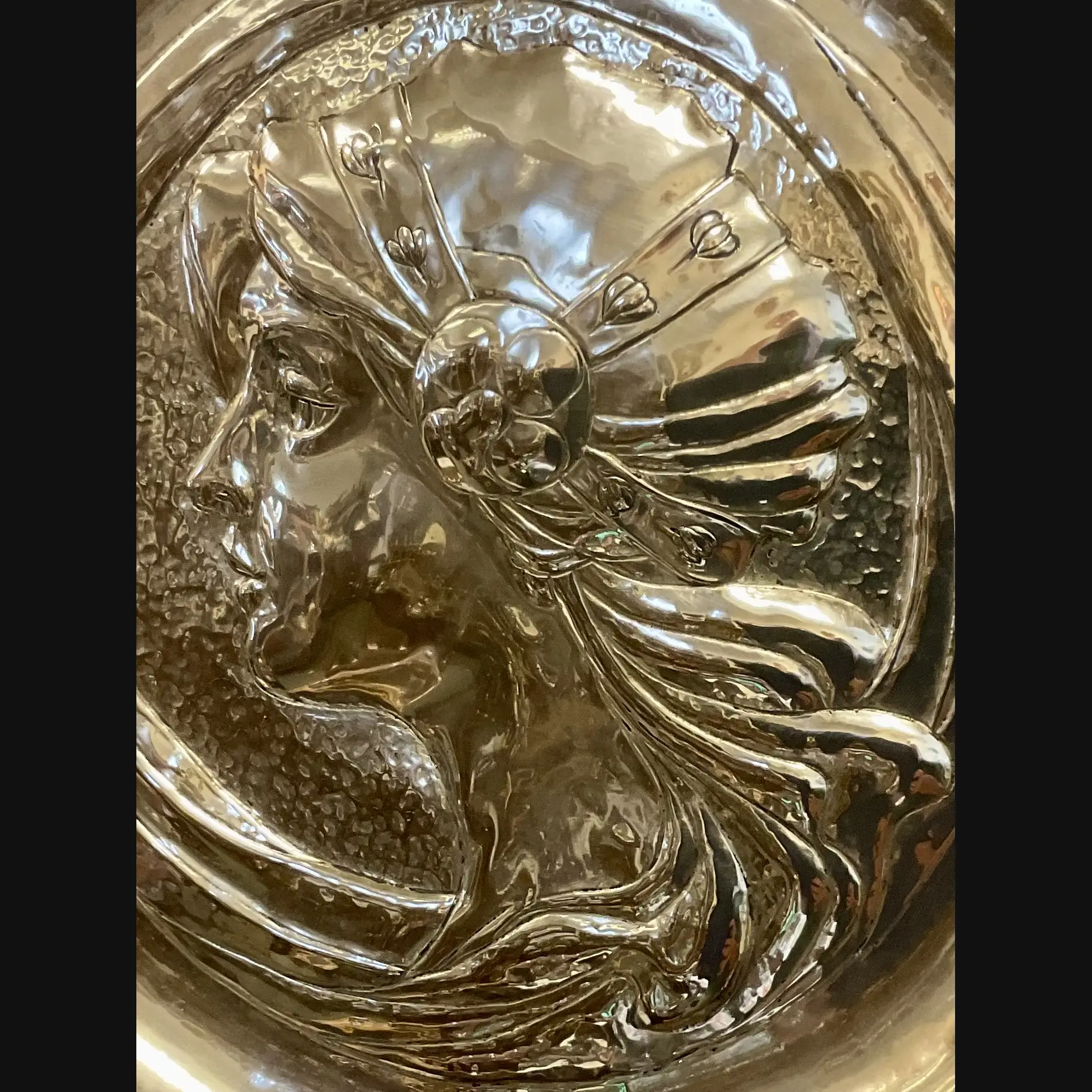 glasgow school scottish arts and crafts glasgow girls brass wall charger with young maiden and butterflies c1900