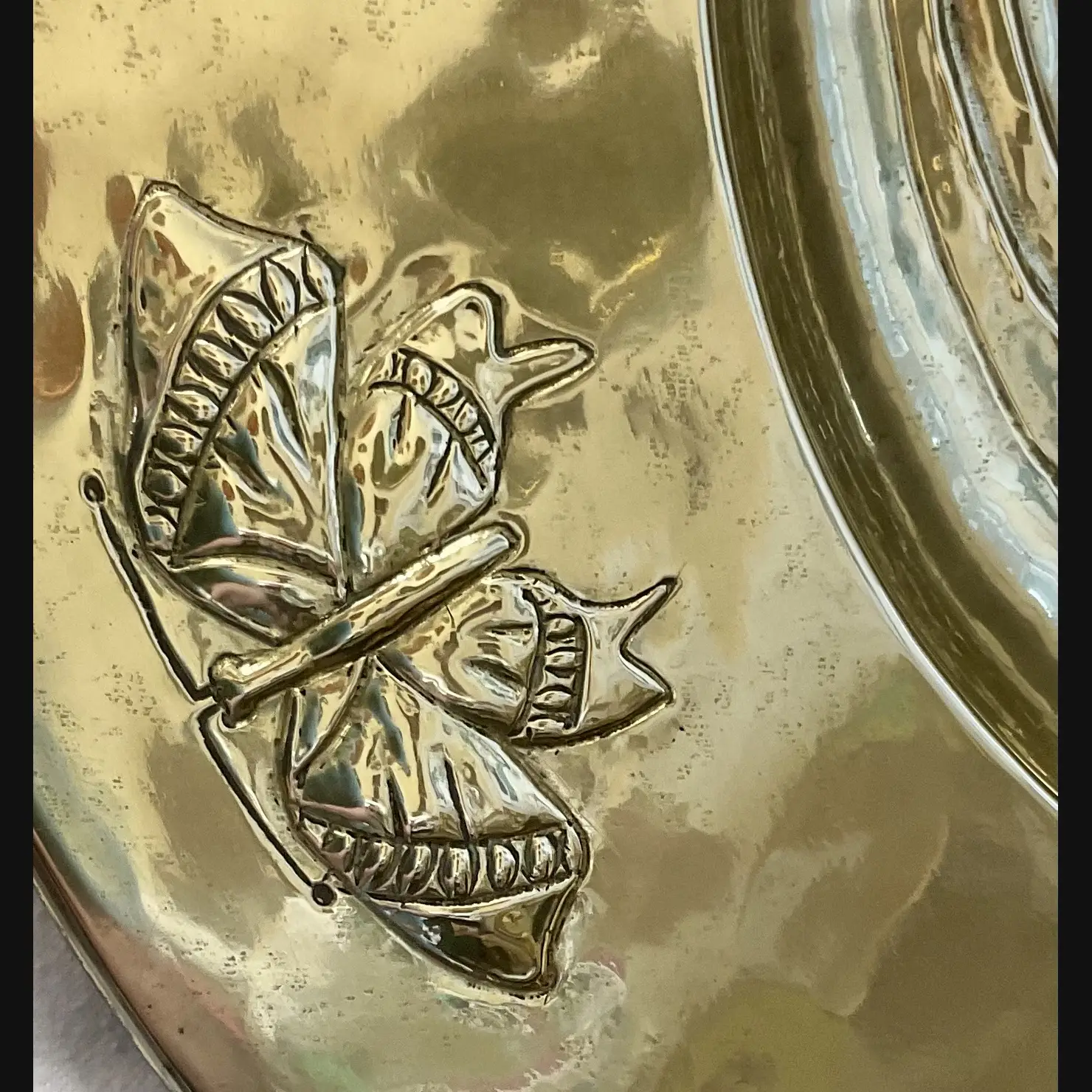 glasgow school scottish arts and crafts glasgow girls brass wall charger with young maiden and butterflies c1900