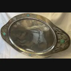 glasgow girls scottish arts and crafts large white metal tray with glasgow secessionist style flower heads mounted with 4 blue green ruskins in the manner of marion henderson wilson