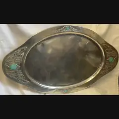 glasgow girls scottish arts and crafts large white metal tray with glasgow secessionist style flower heads mounted with 4 blue green ruskins in the manner of marion henderson wilson