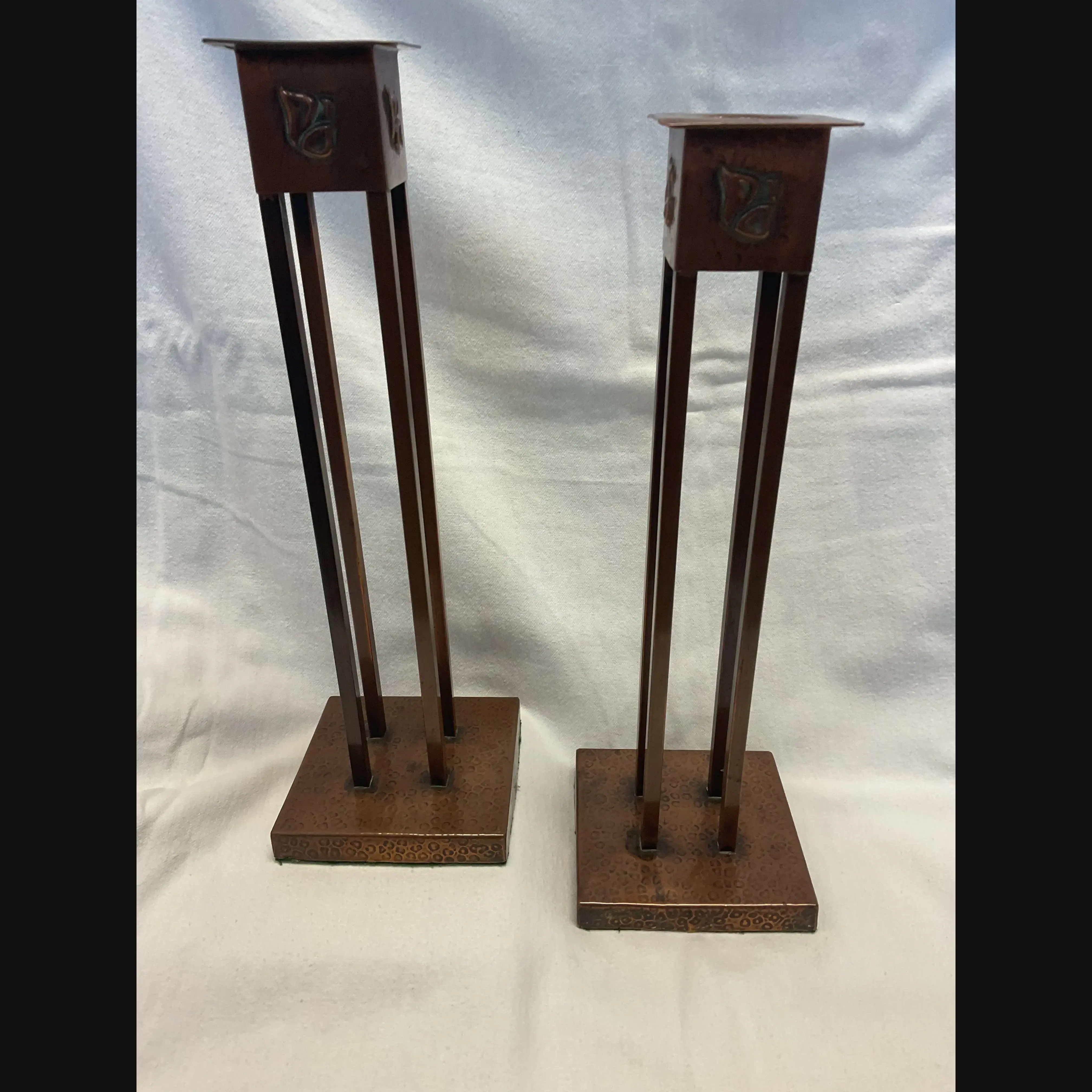 j f pool hayle cornish arts and crafts copper secessionist style pair candlesticks c1908