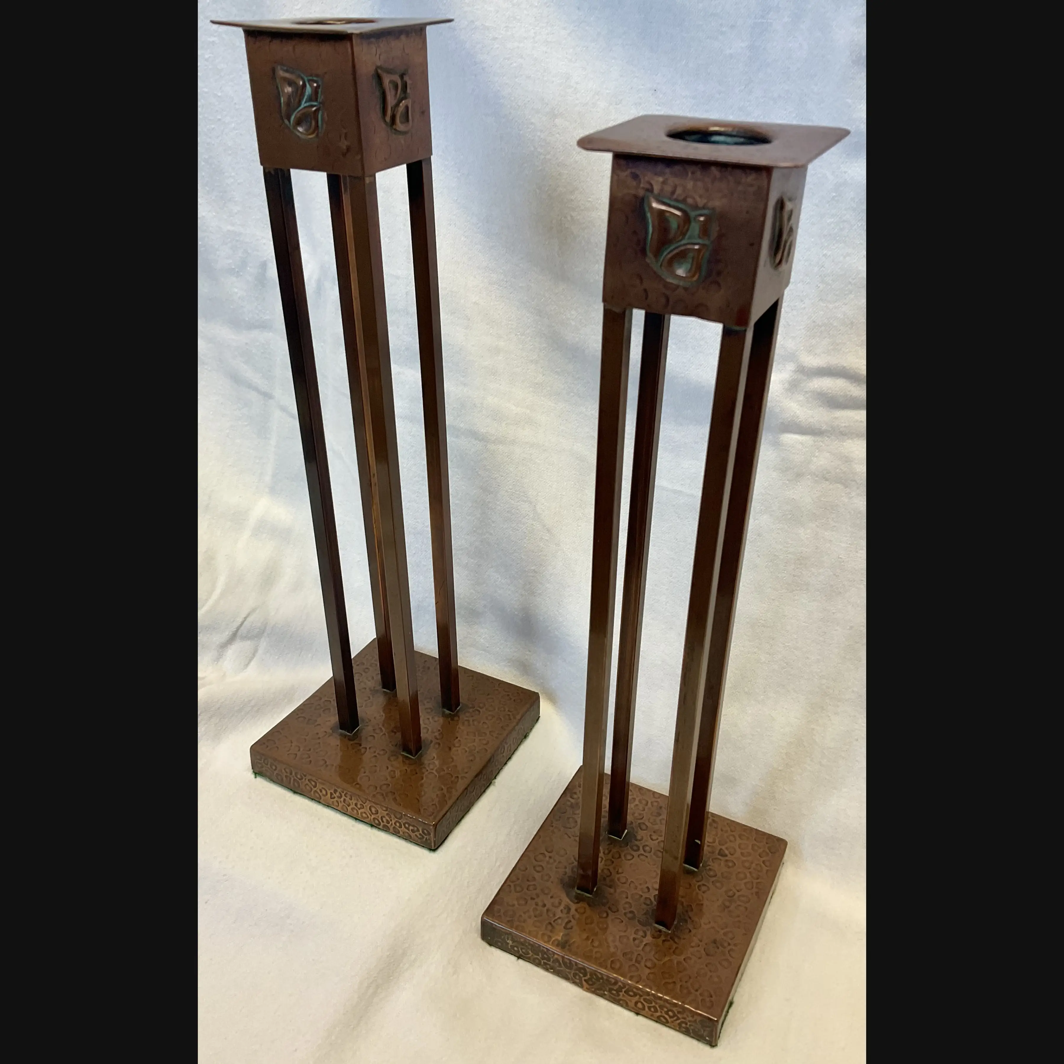 j f pool hayle cornish arts and crafts copper secessionist style pair candlesticks c1908