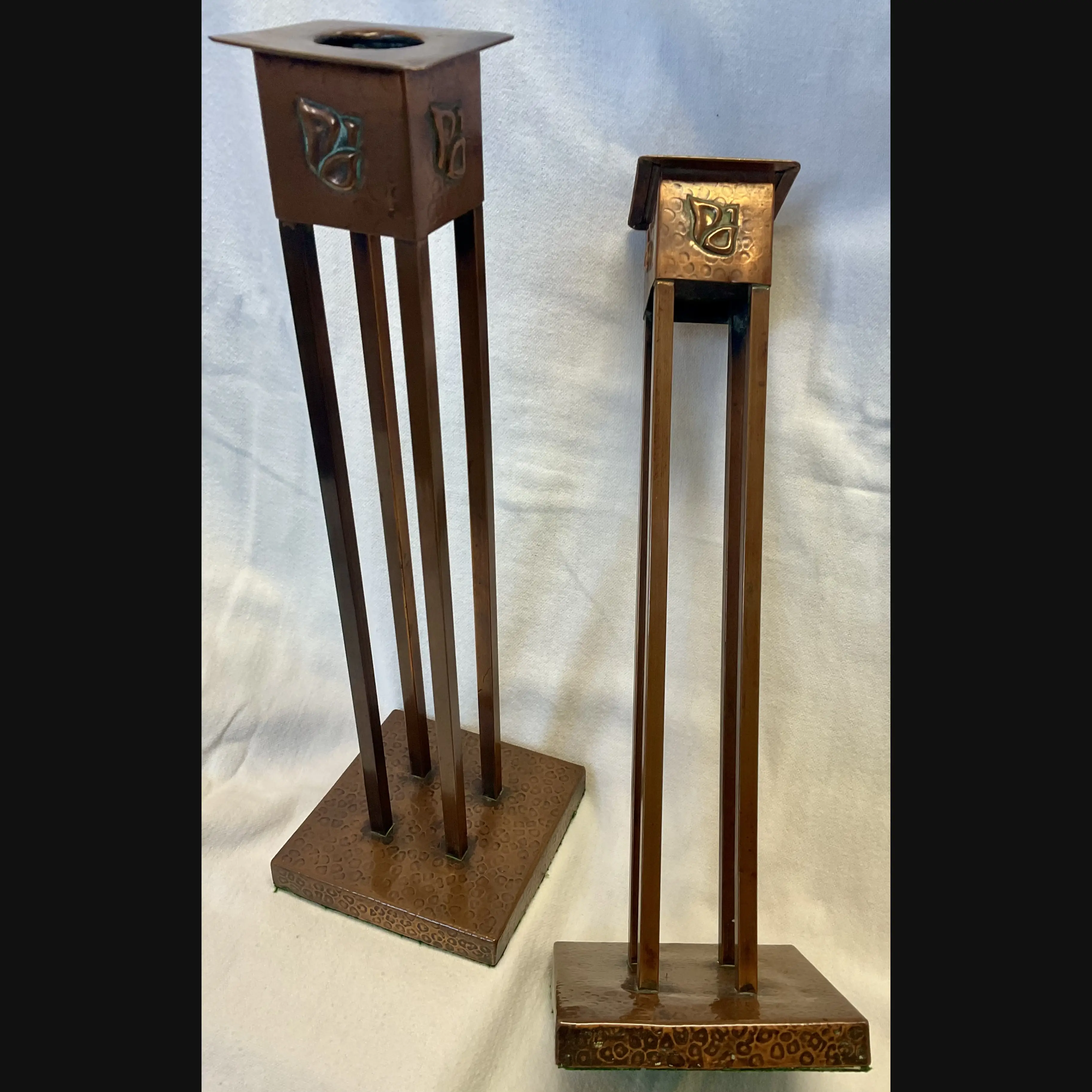 j f pool hayle cornish arts and crafts copper secessionist style pair candlesticks c1908