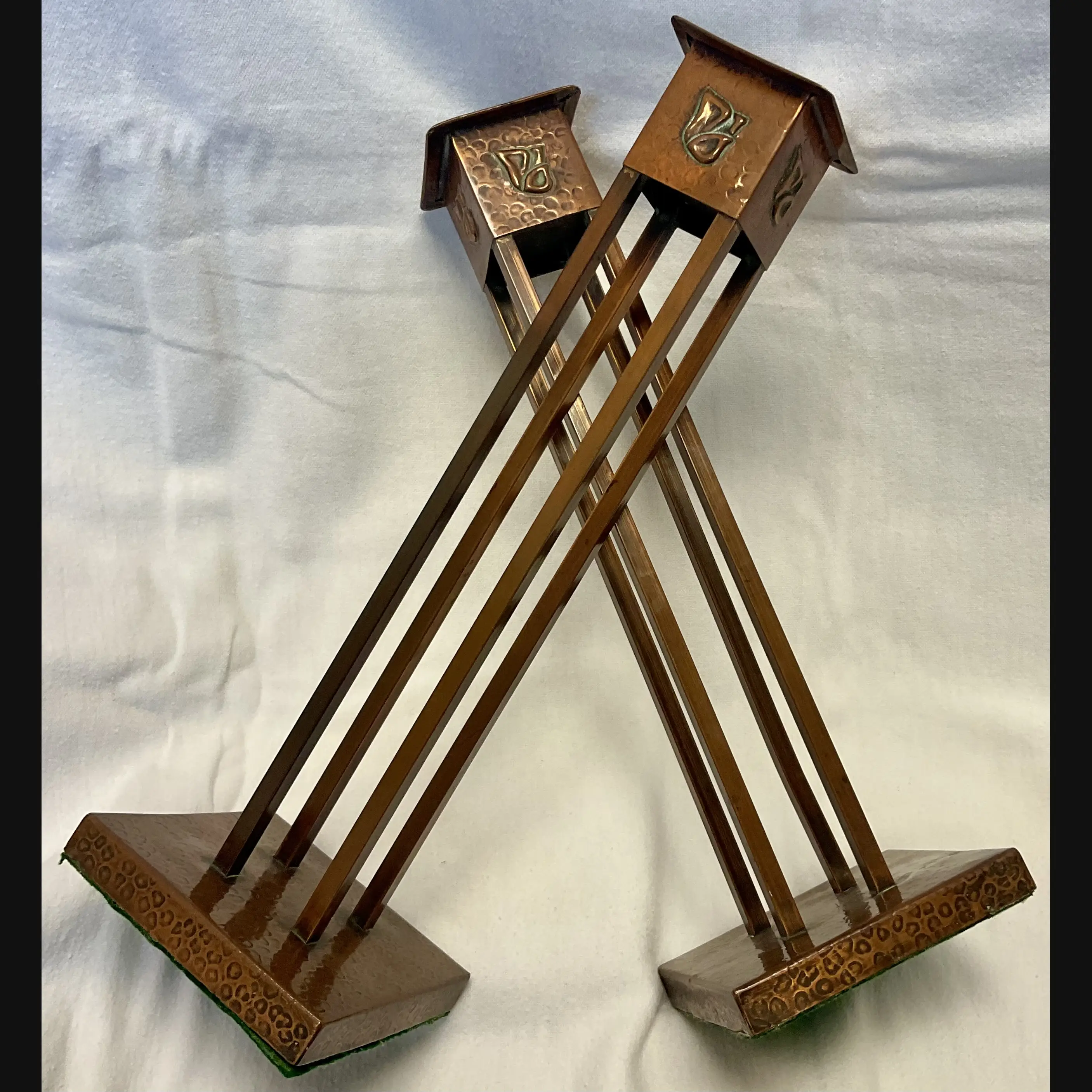 j f pool hayle cornish arts and crafts copper secessionist style pair candlesticks c1908