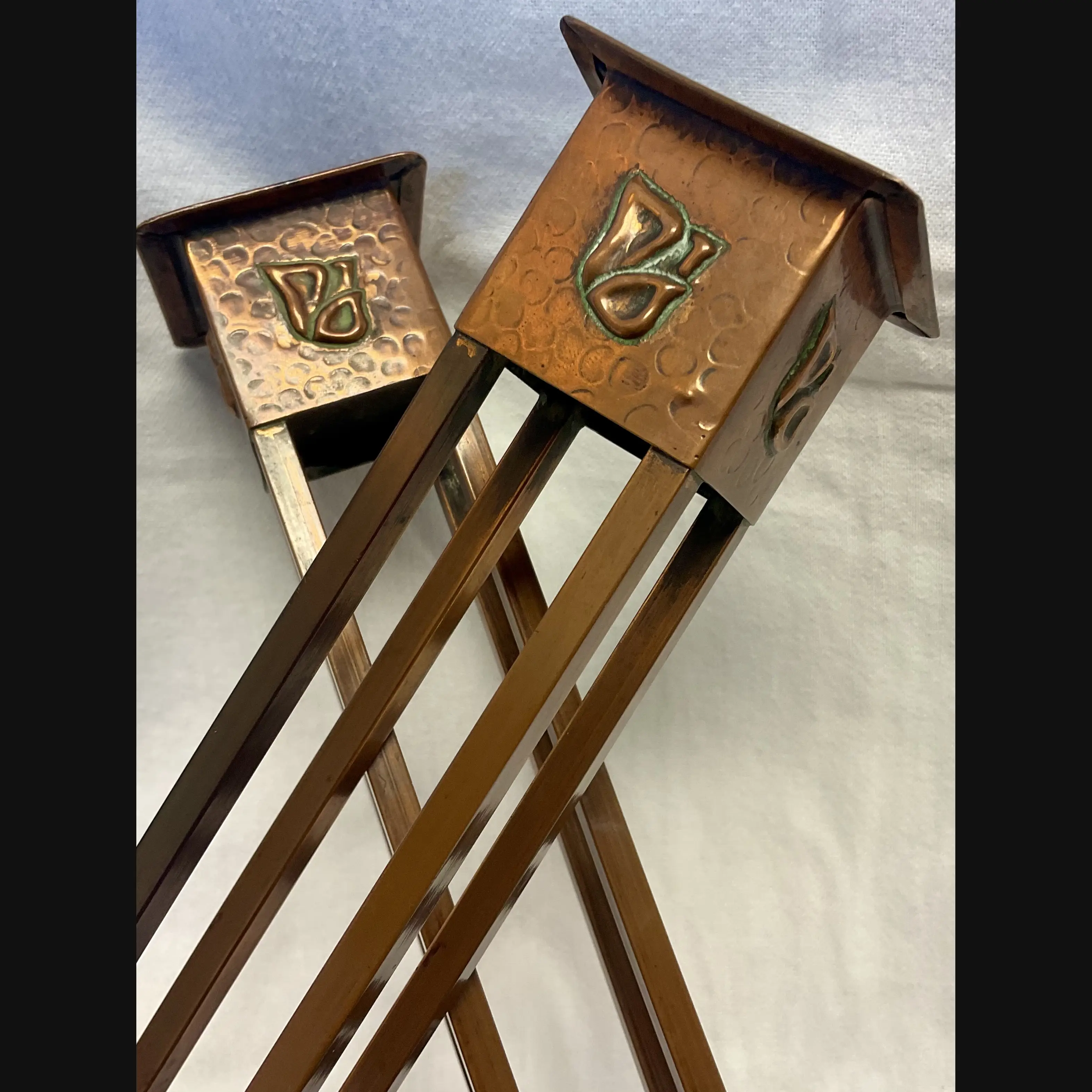 j f pool hayle cornish arts and crafts copper secessionist style pair candlesticks c1908