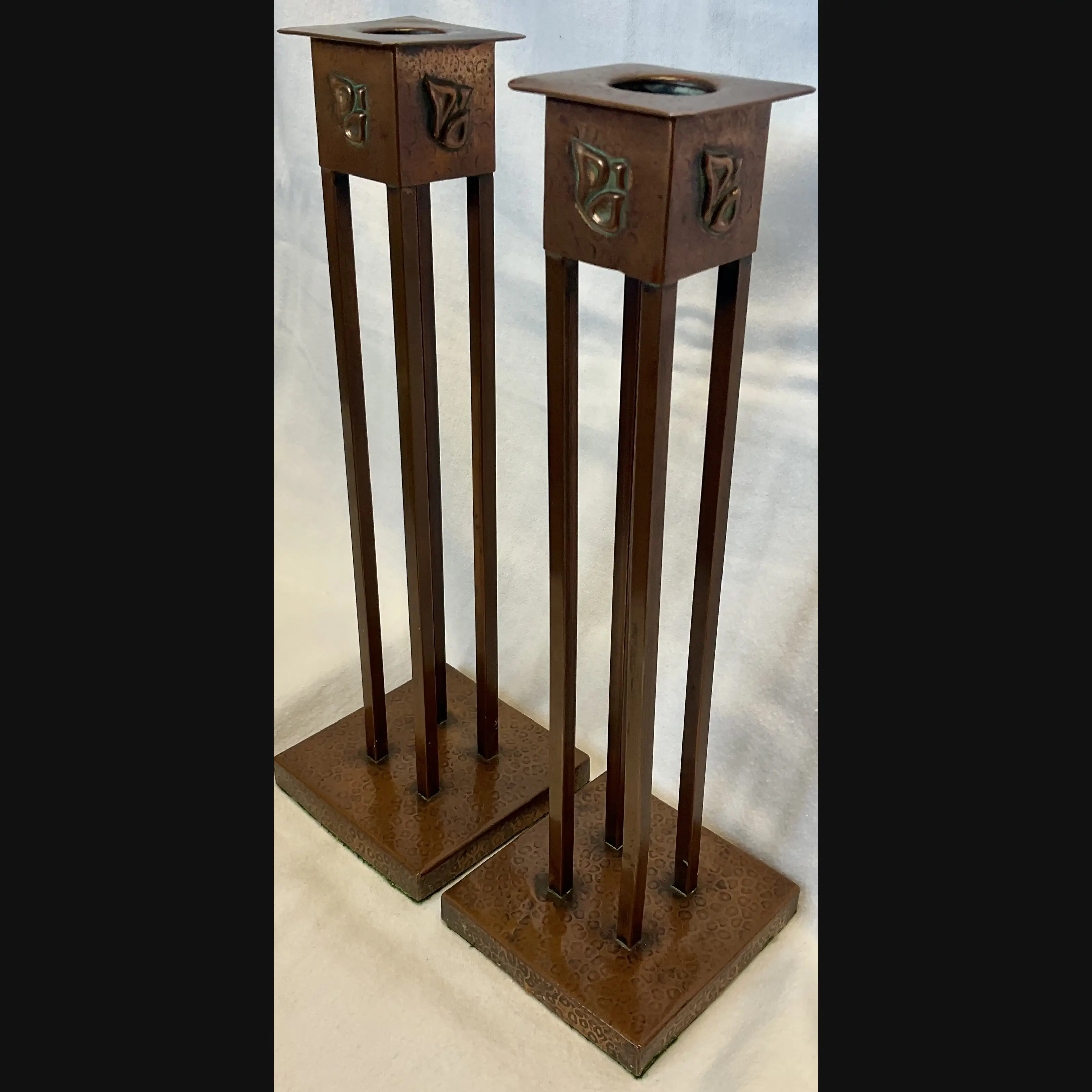 j f pool hayle cornish arts and crafts copper secessionist style pair candlesticks c1908