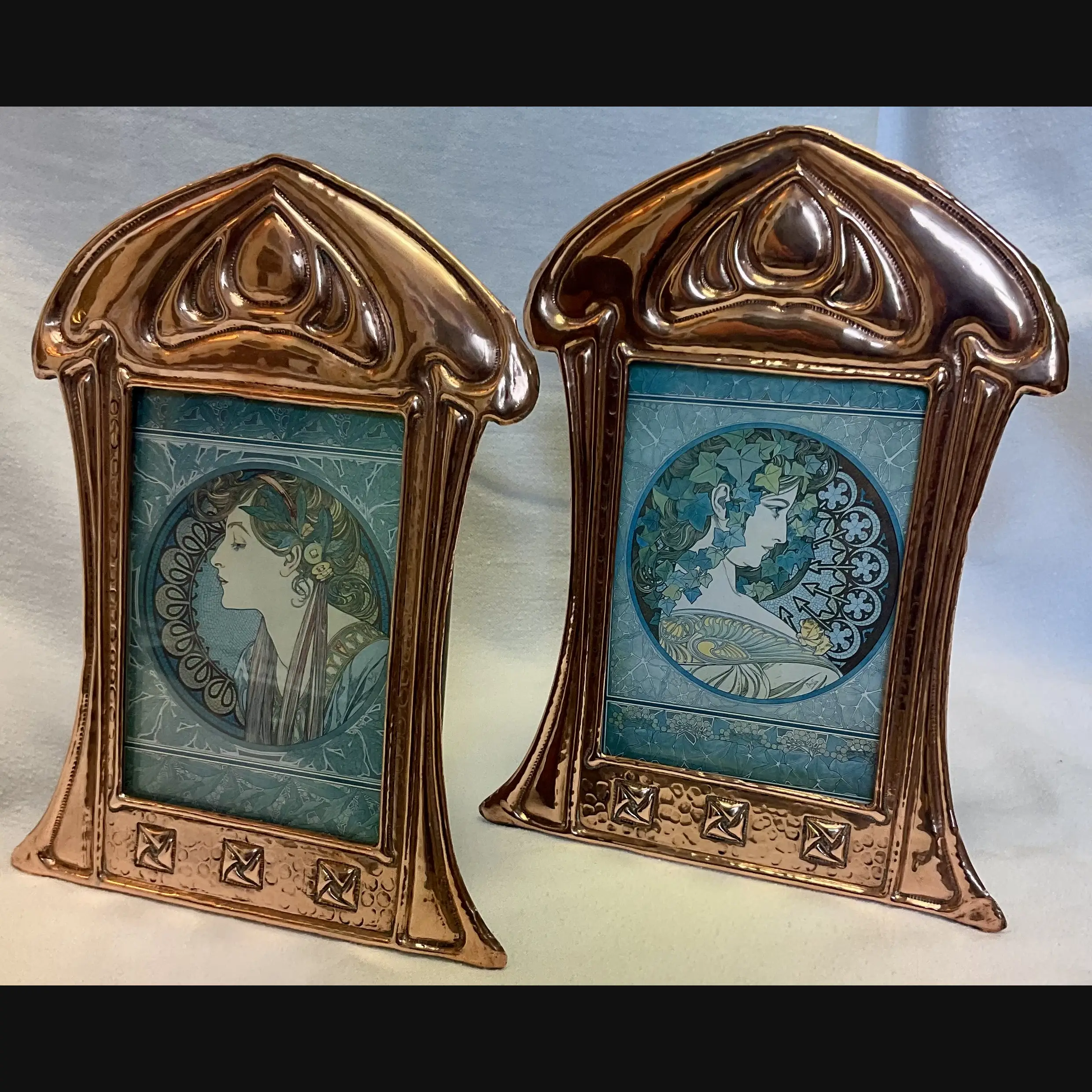 j f pool hayle cornwall arts and crafts matching pair of art nouveau copper photo frames with easel back c1908