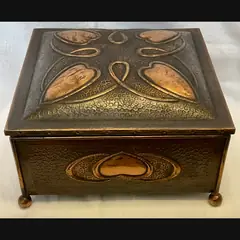 j f pool hayle copper works large secessionist inverted heart design copper jewellery casket with original velvet lining c1908