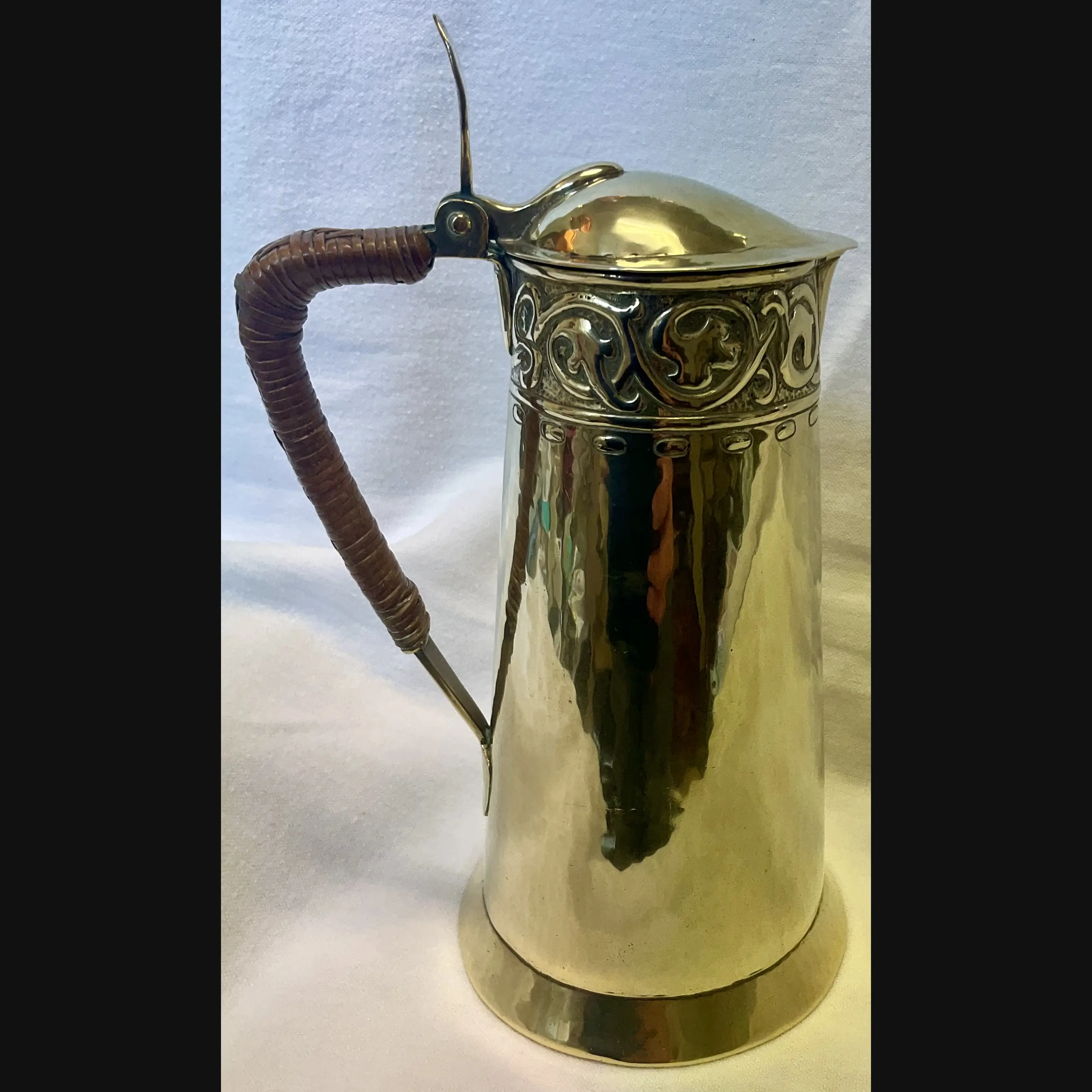 keswick school of industrial art ksia arts and crafts covered brass jug worked by r temple c1900