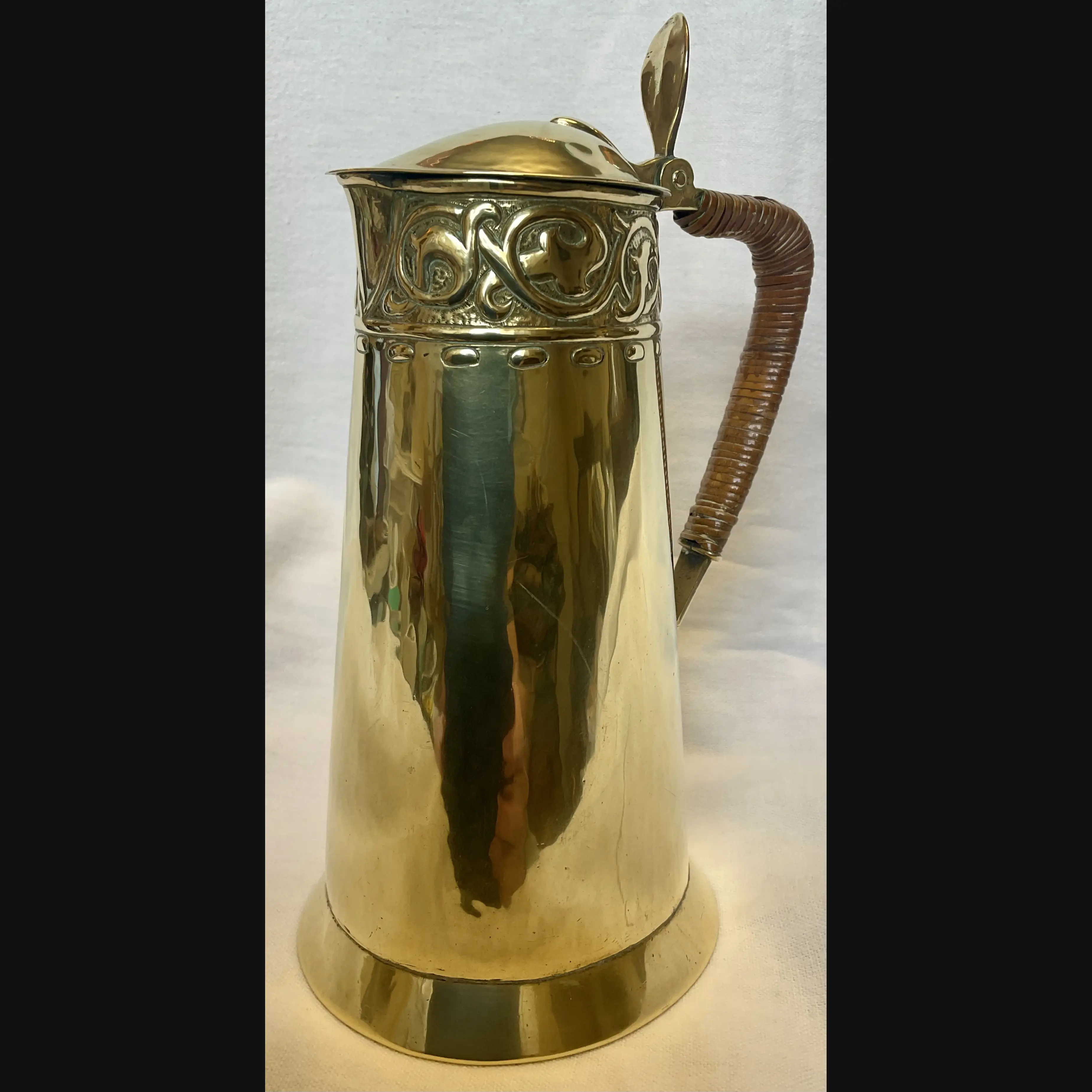 keswick school of industrial art ksia arts and crafts covered brass jug worked by r temple c1900