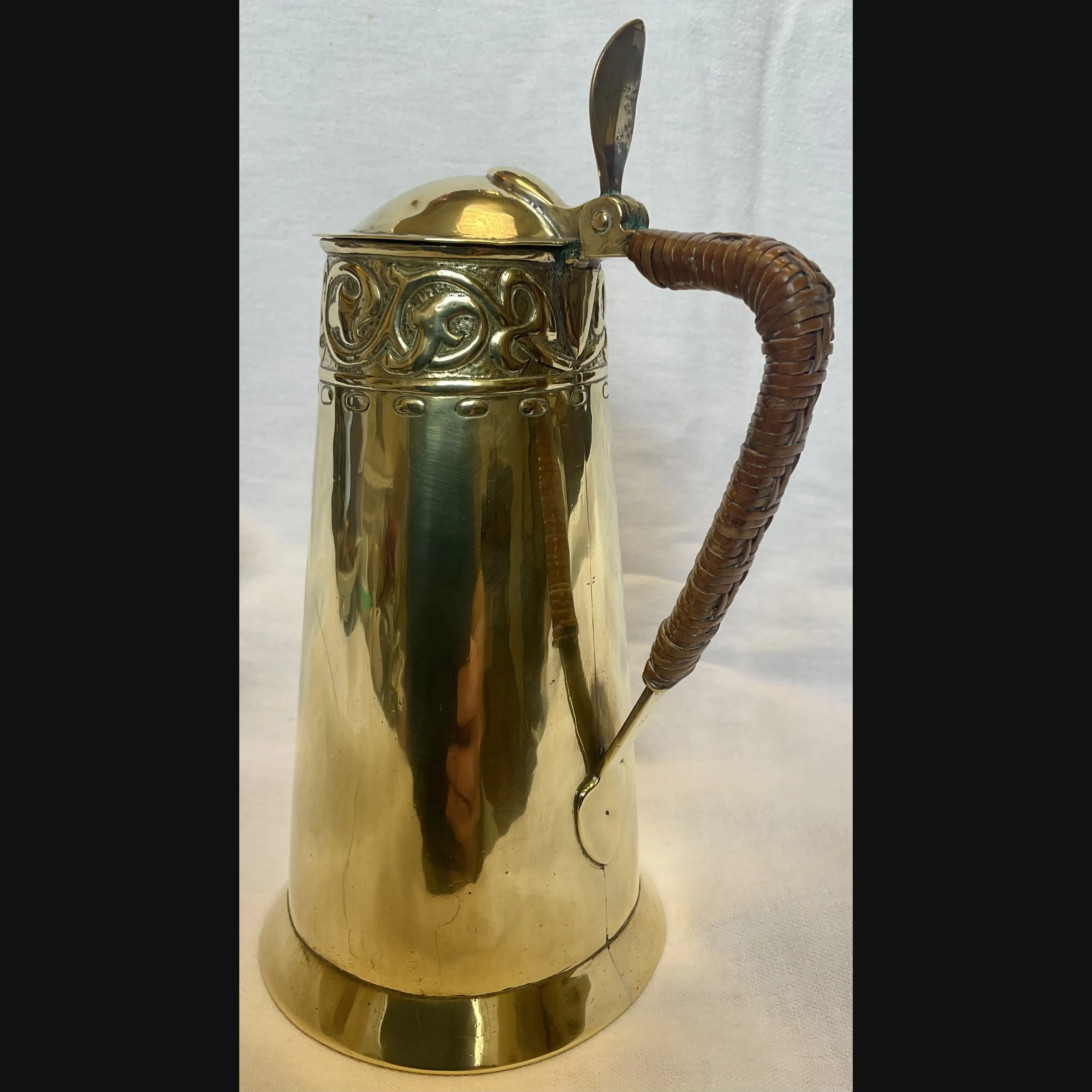 keswick school of industrial art ksia arts and crafts covered brass jug worked by r temple c1900