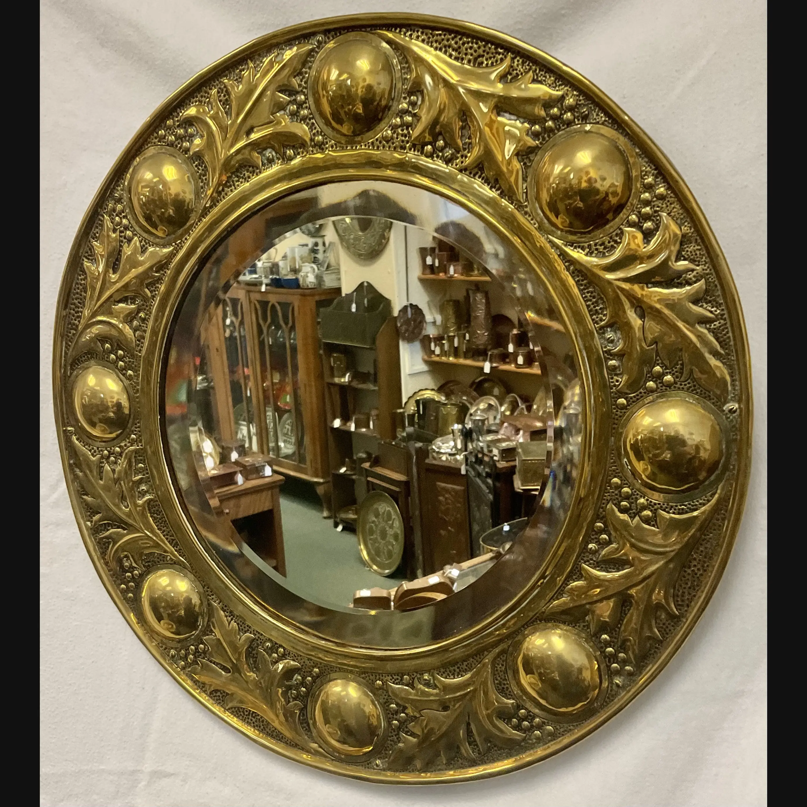 keswick school of industrial art ksia arts and crafts circular leaf and berries brass mirror c1900 10