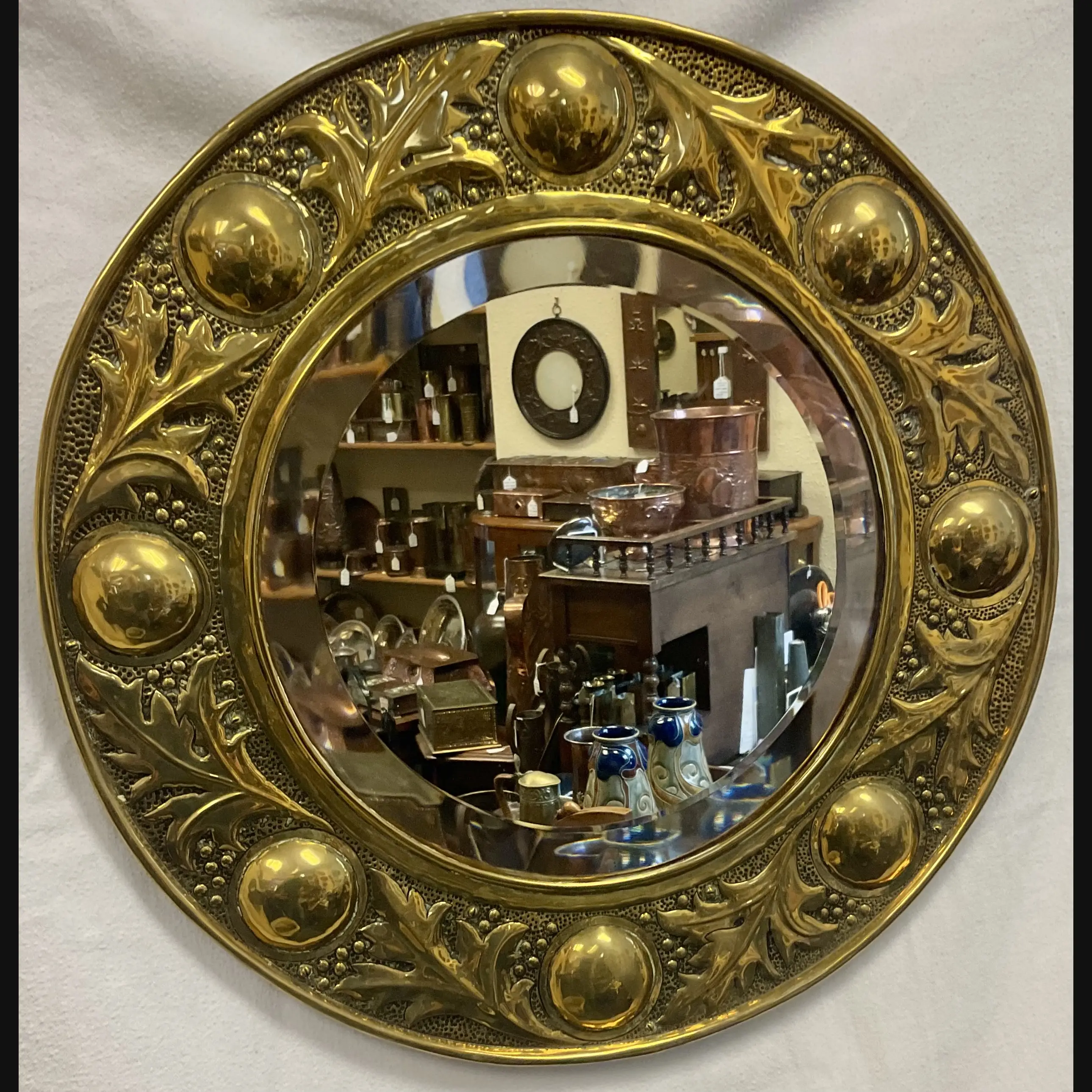 keswick school of industrial art ksia arts and crafts circular leaf and berries brass mirror c1900 10