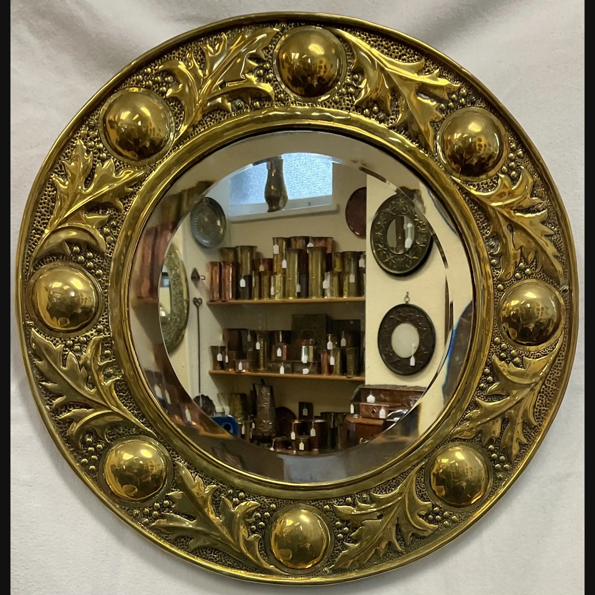 keswick school of industrial art ksia arts and crafts circular leaf and berries brass mirror c1900 10