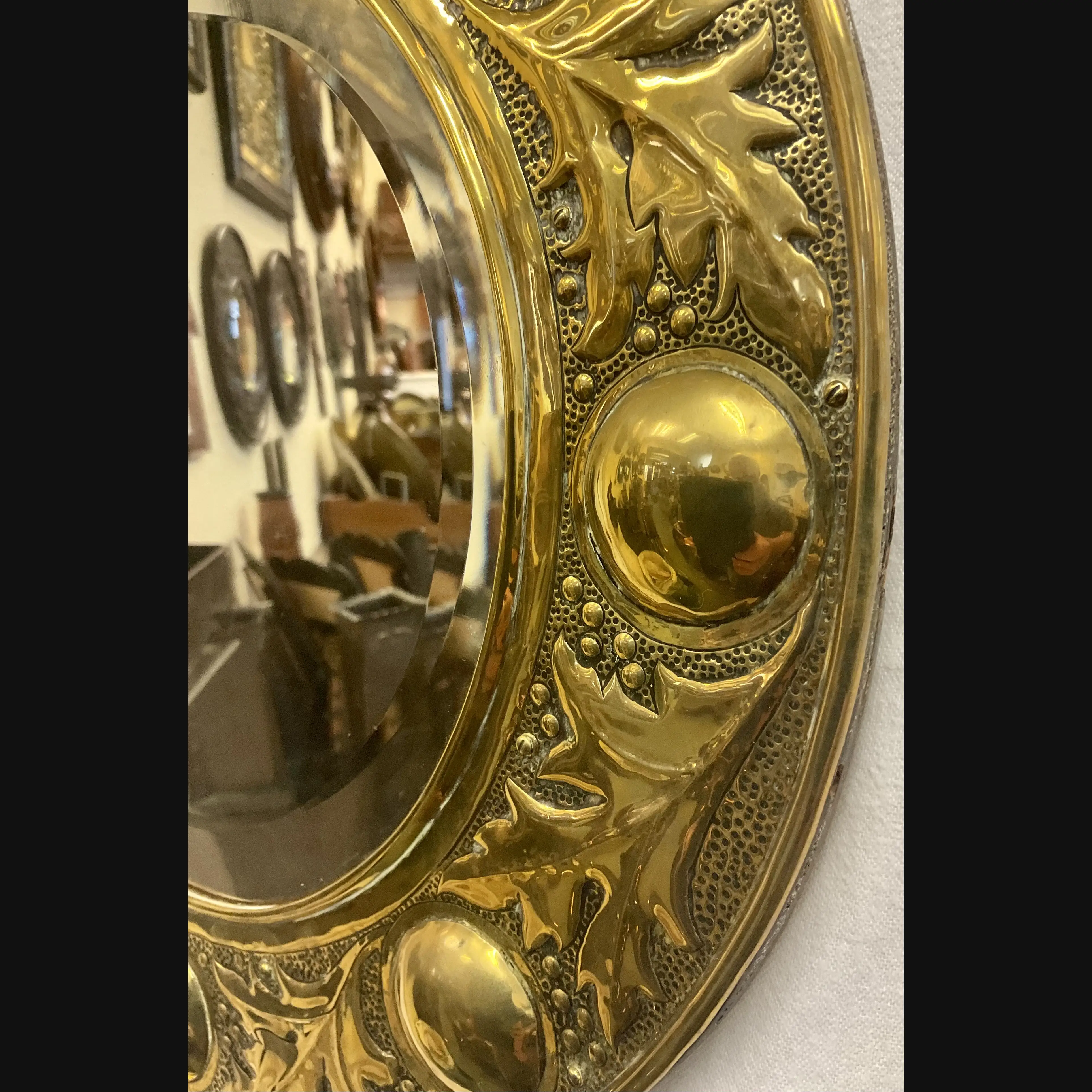 keswick school of industrial art ksia arts and crafts circular leaf and berries brass mirror c1900 10