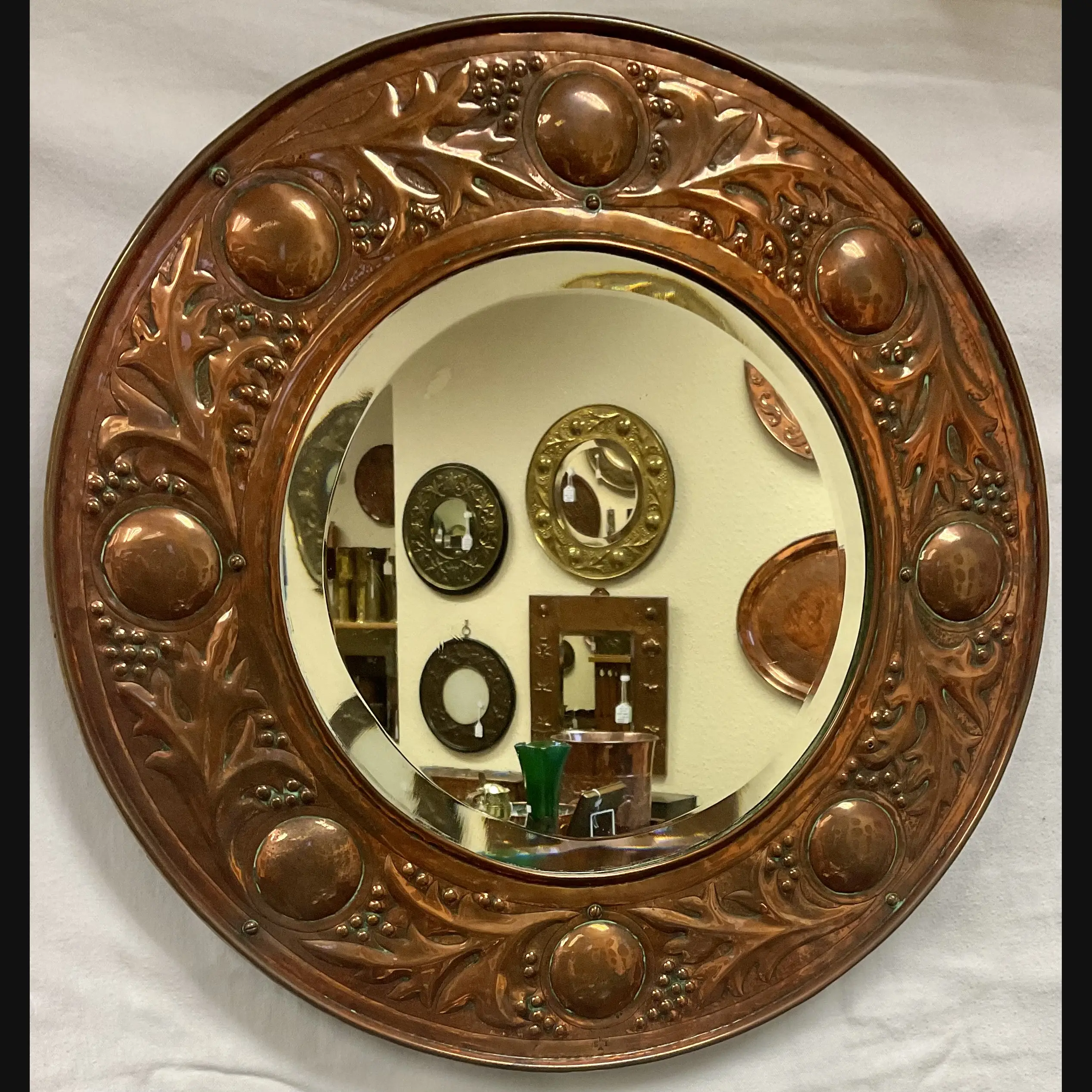 keswick school of industrial art ksia arts and crafts copper leaves and berries hall mirror c1900 10