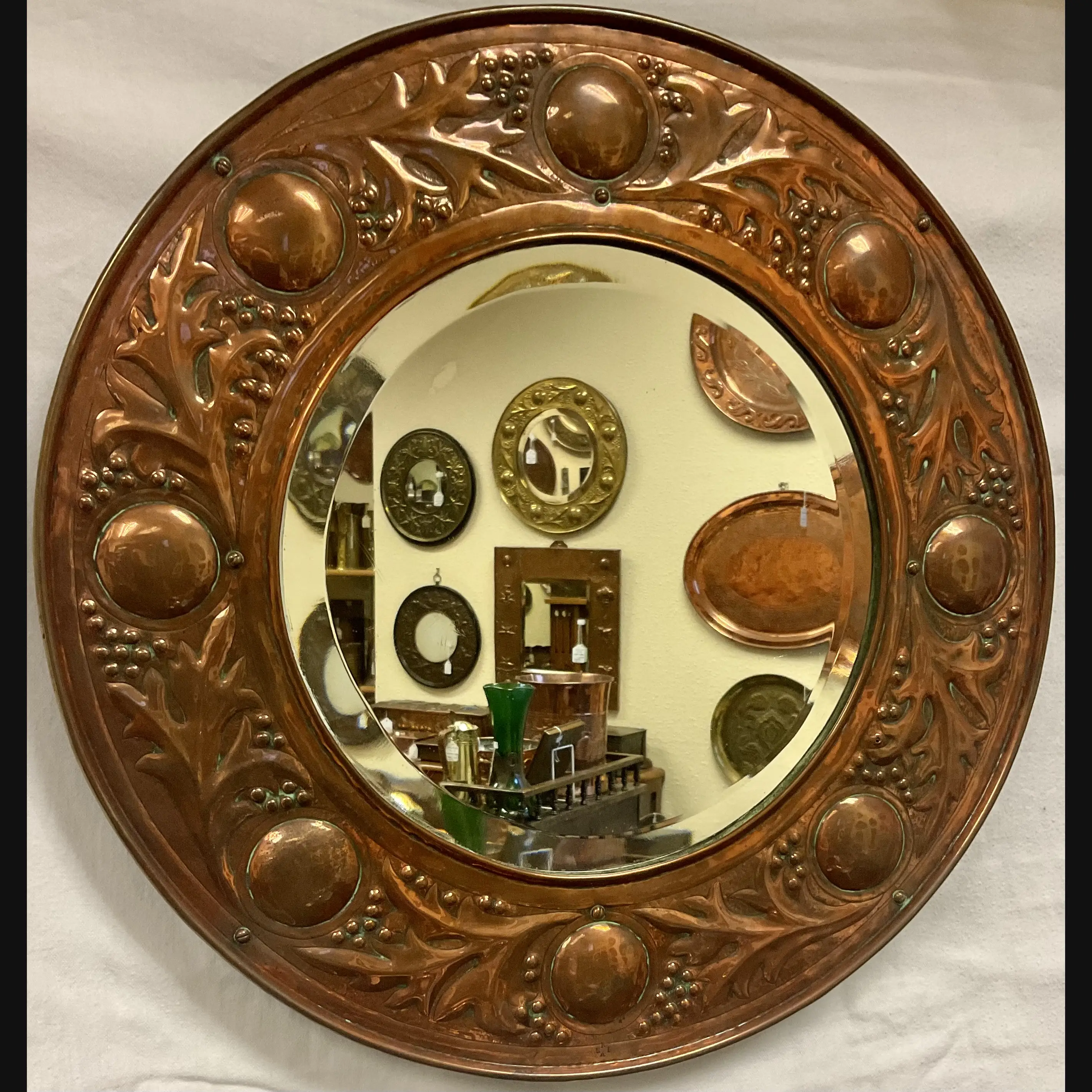 keswick school of industrial art ksia arts and crafts copper leaves and berries hall mirror c1900 10