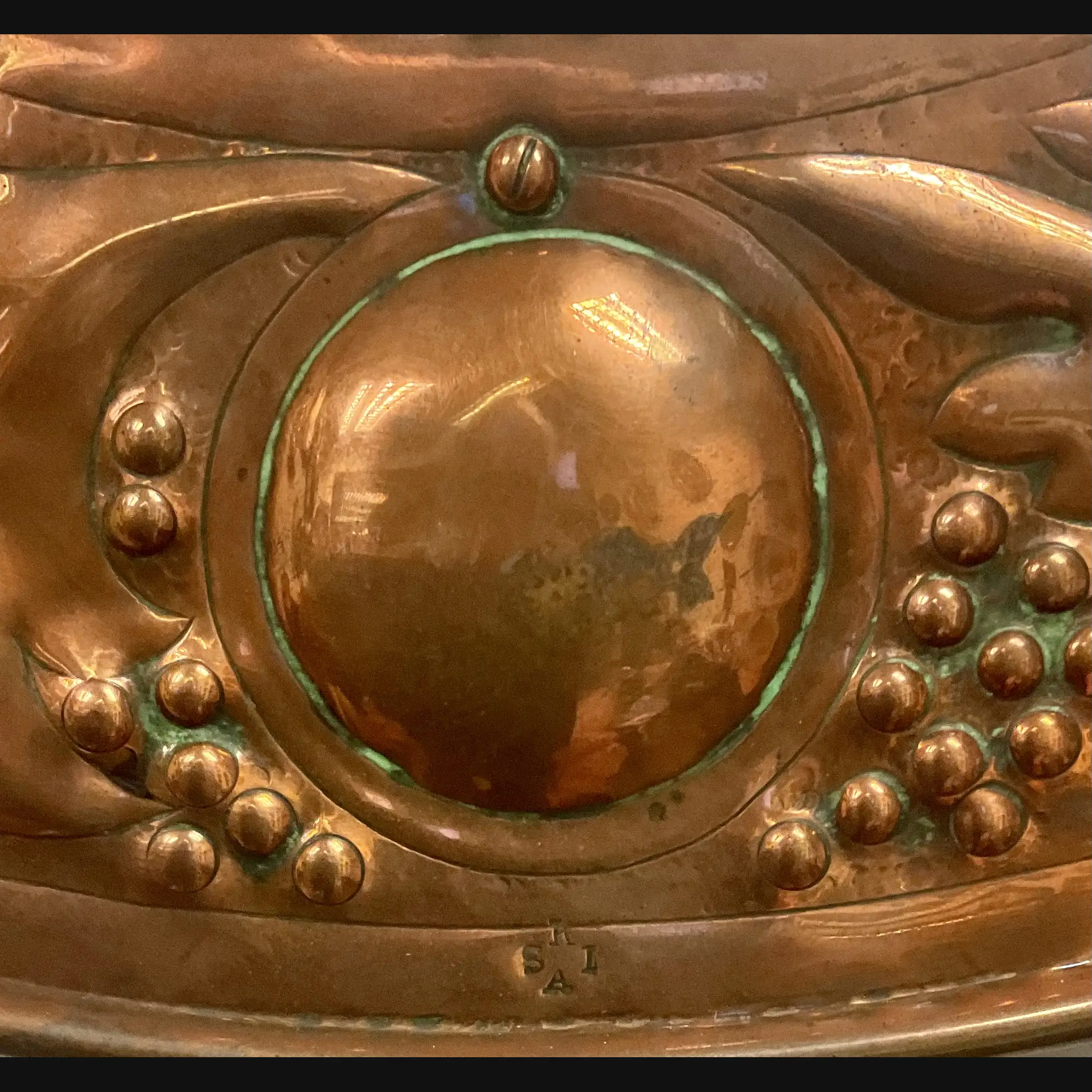 keswick school of industrial art ksia arts and crafts copper leaves and berries hall mirror c1900 10