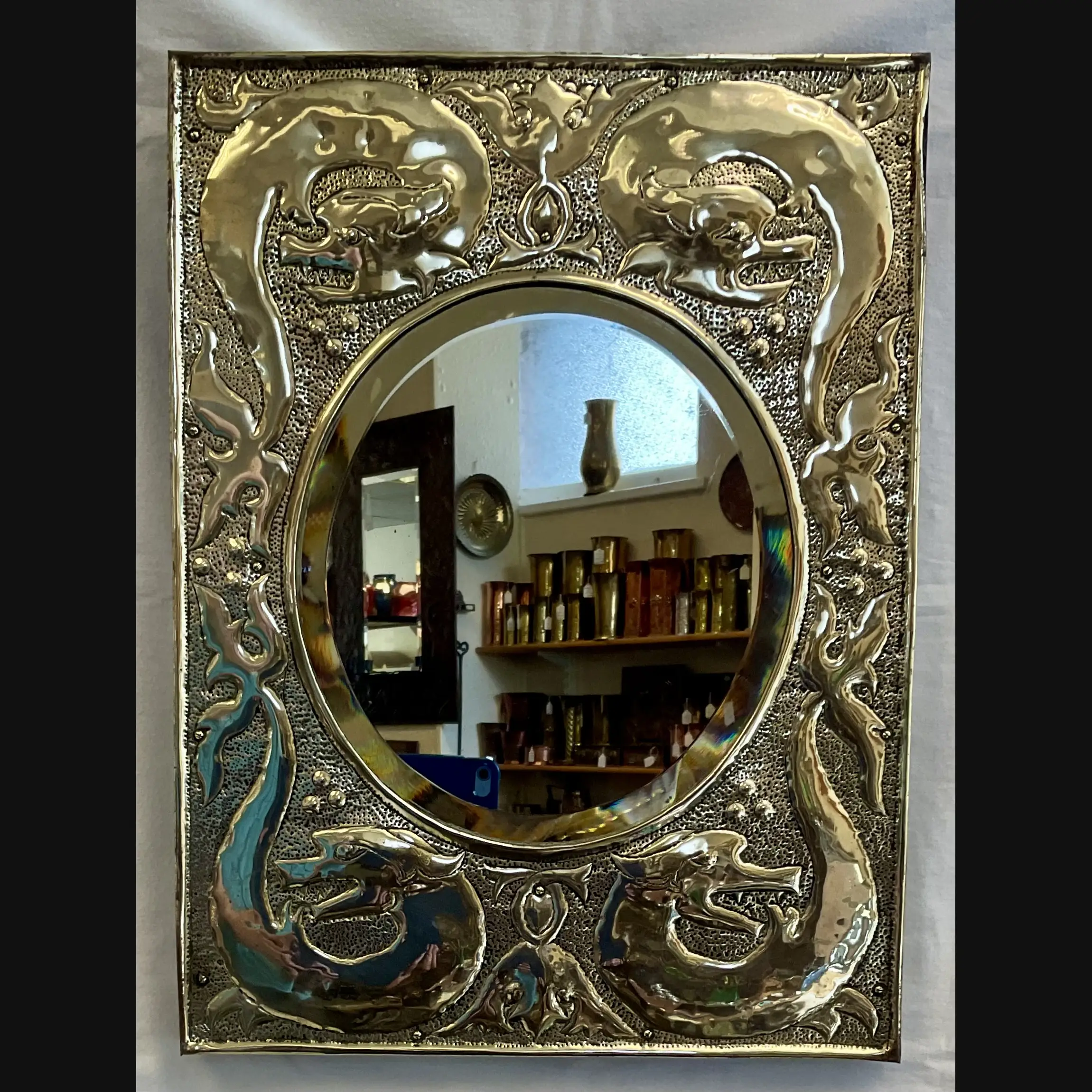 w h mawson keswick home industries khi arts and crafts brass grotesques mirror c1910