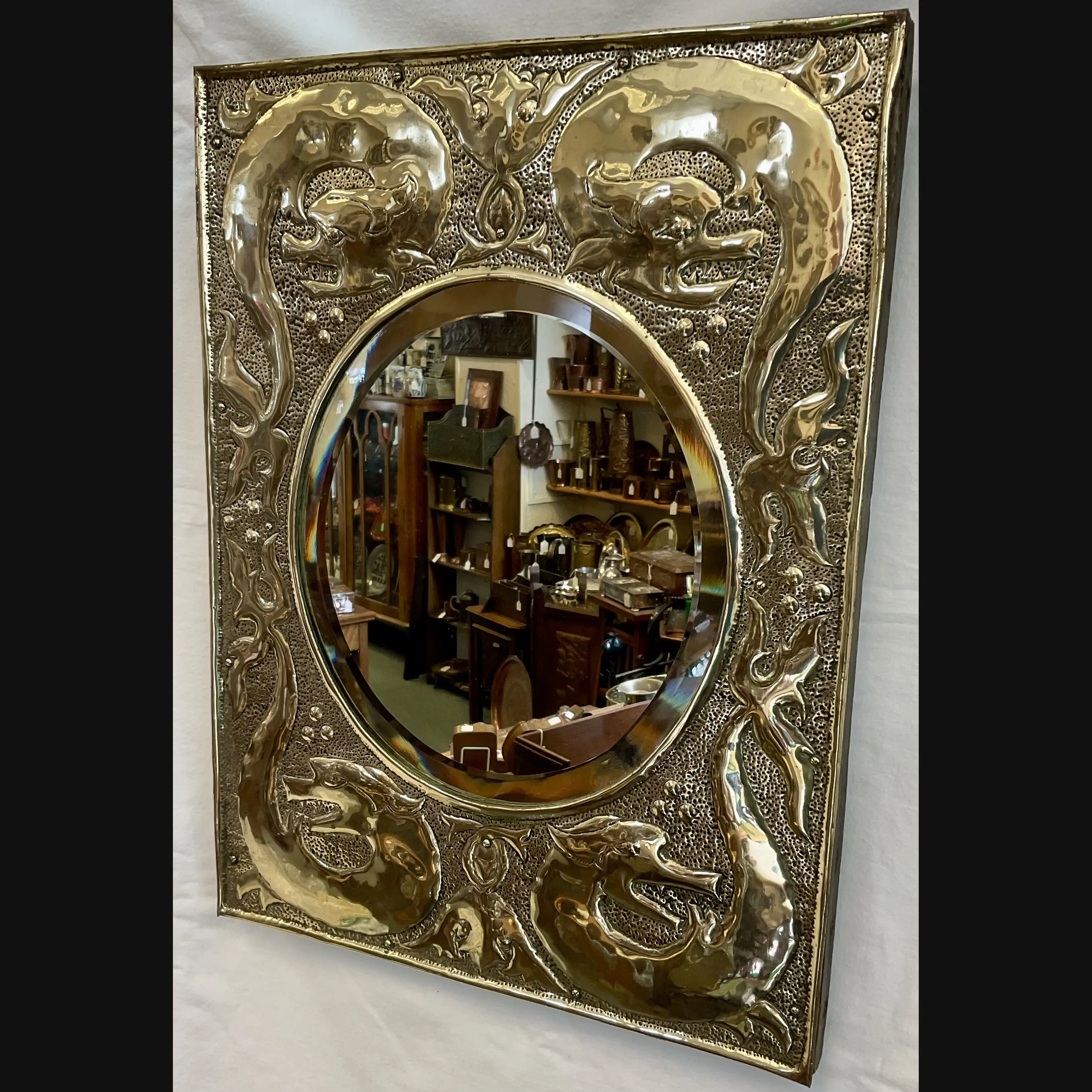 w h mawson keswick home industries khi arts and crafts brass grotesques mirror c1910